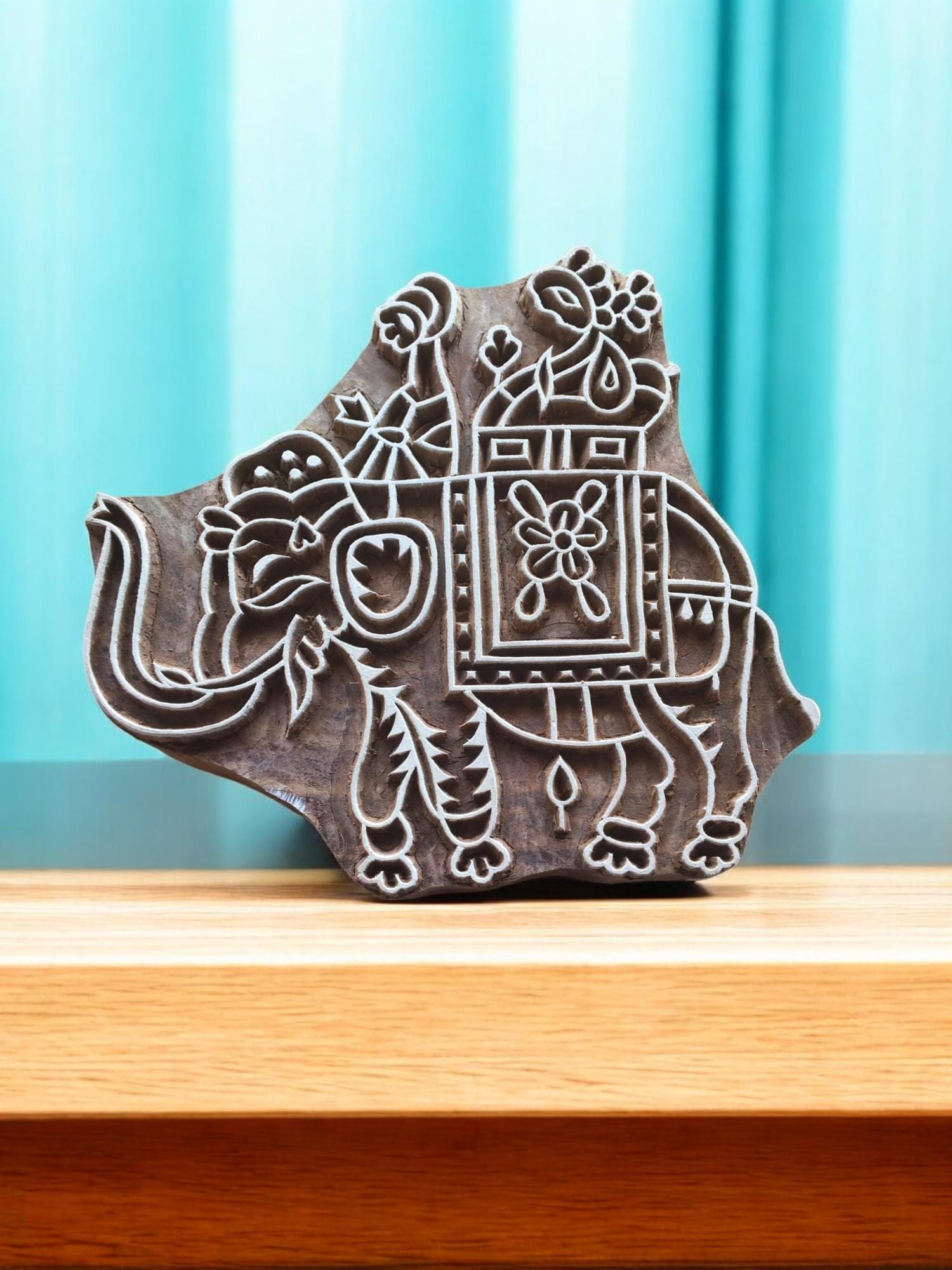 Elephant with howdah, hand carved Indian wood printing block; textile stamp; pottery stamp,