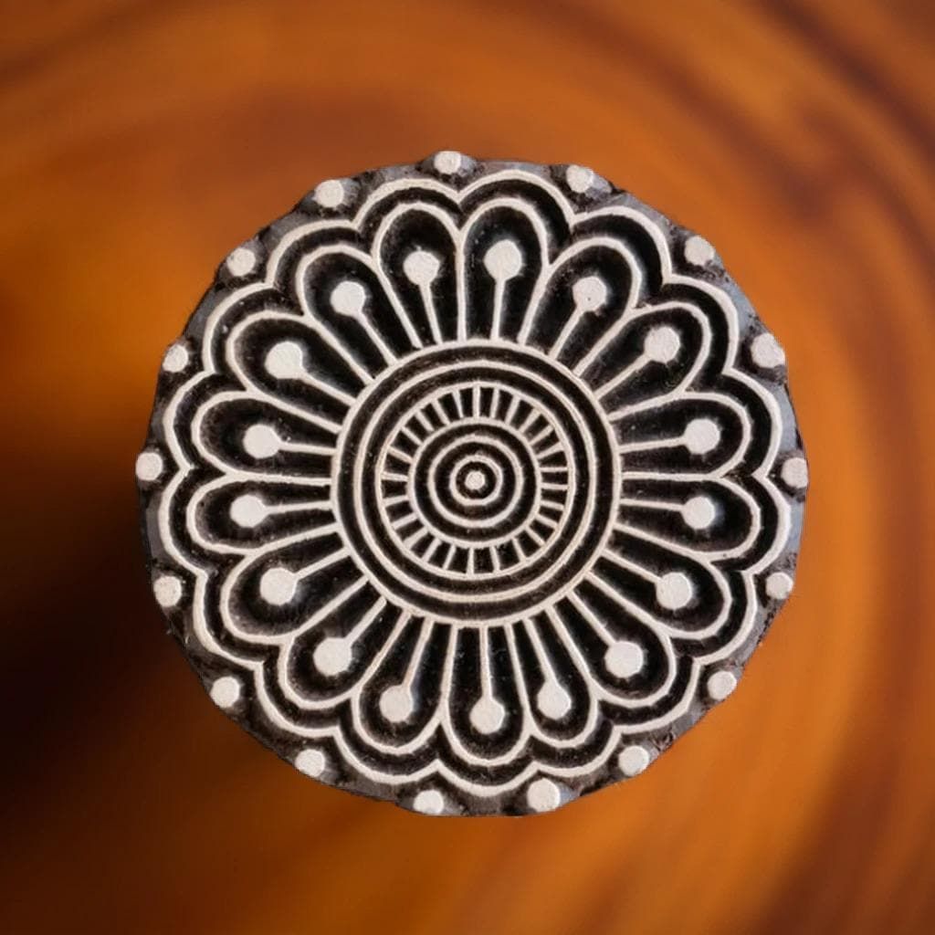 Mehndi Flower Wood Stamp, Pottery Soap Textile Clay Block Print (2.5"x2.5")