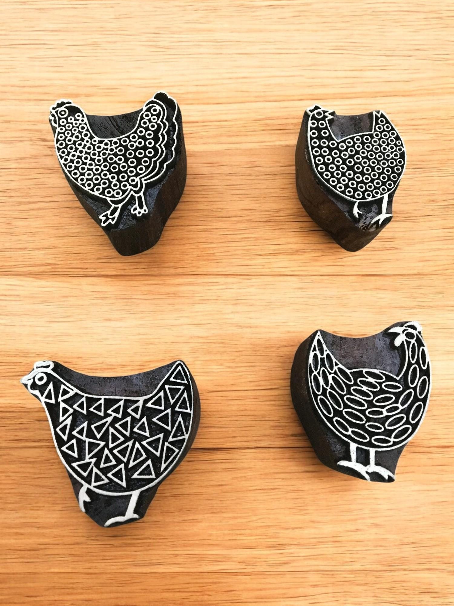 Hand Carved Chicken Wood Printing Block Set, Textile Pottery Stamps