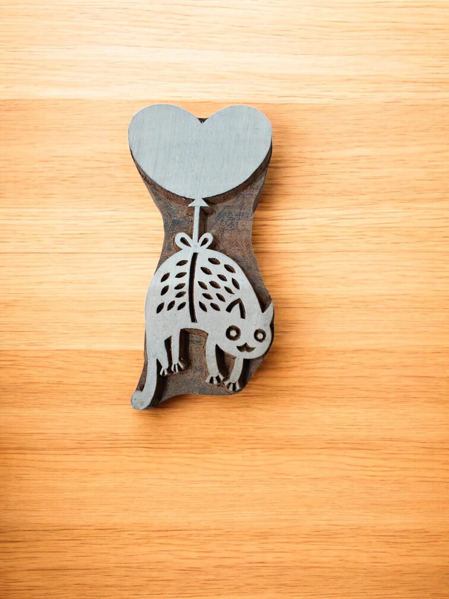 Cat Heart Balloon Wooden Stamp, Indian Block Print