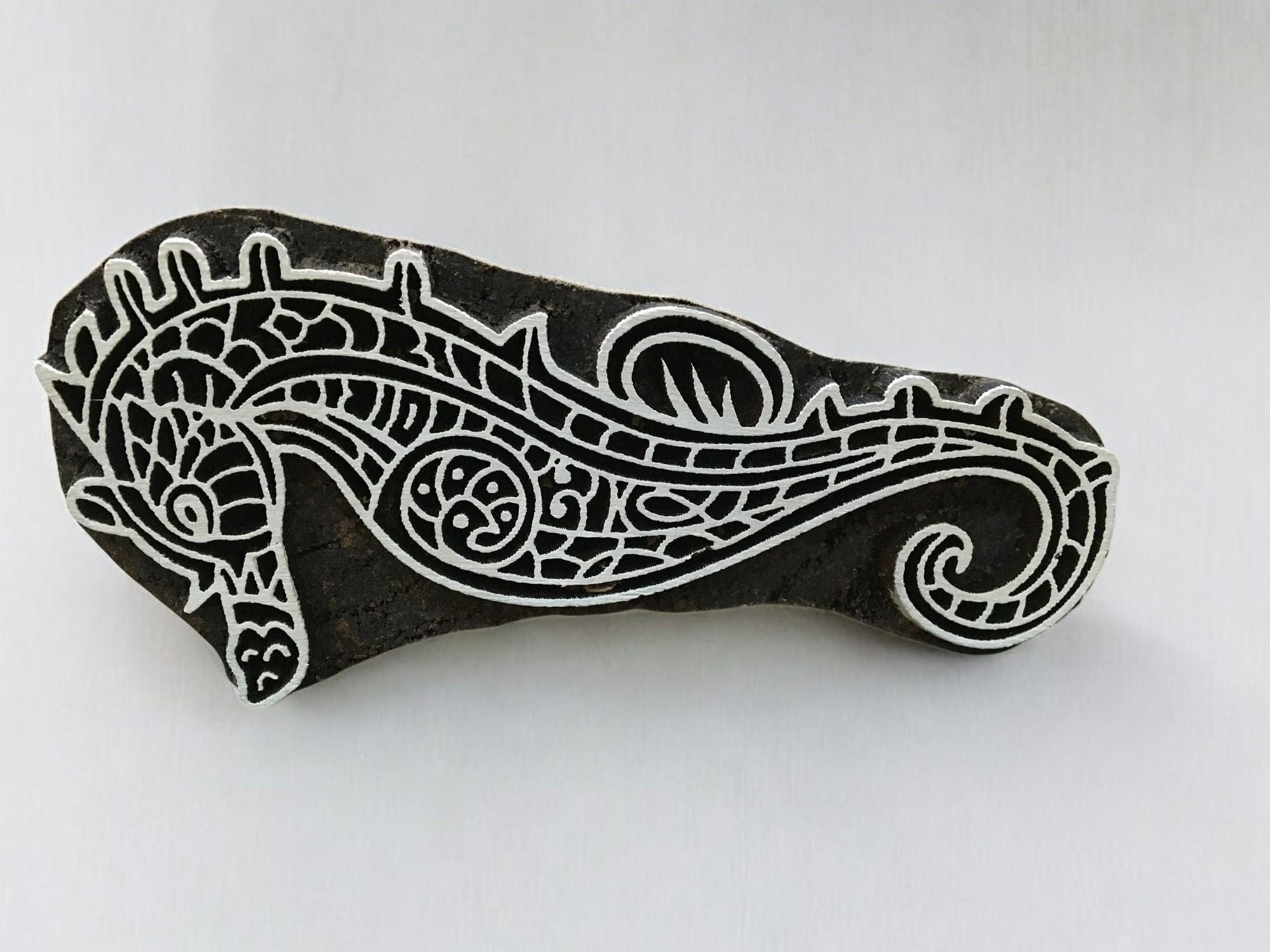 Zentangle seahorse, hand carved indian wood printing block; textile stamp; pottery stamp,