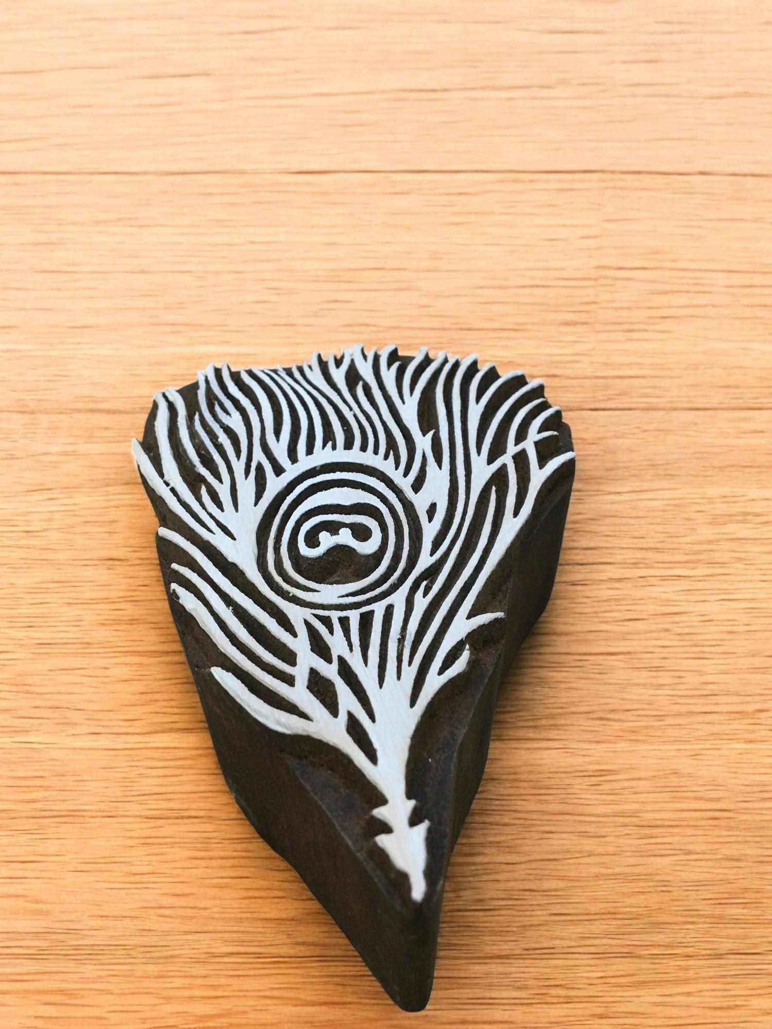 Peacock Feather, hand carved Indian wood printing block; textile stamp; pottery stamp,