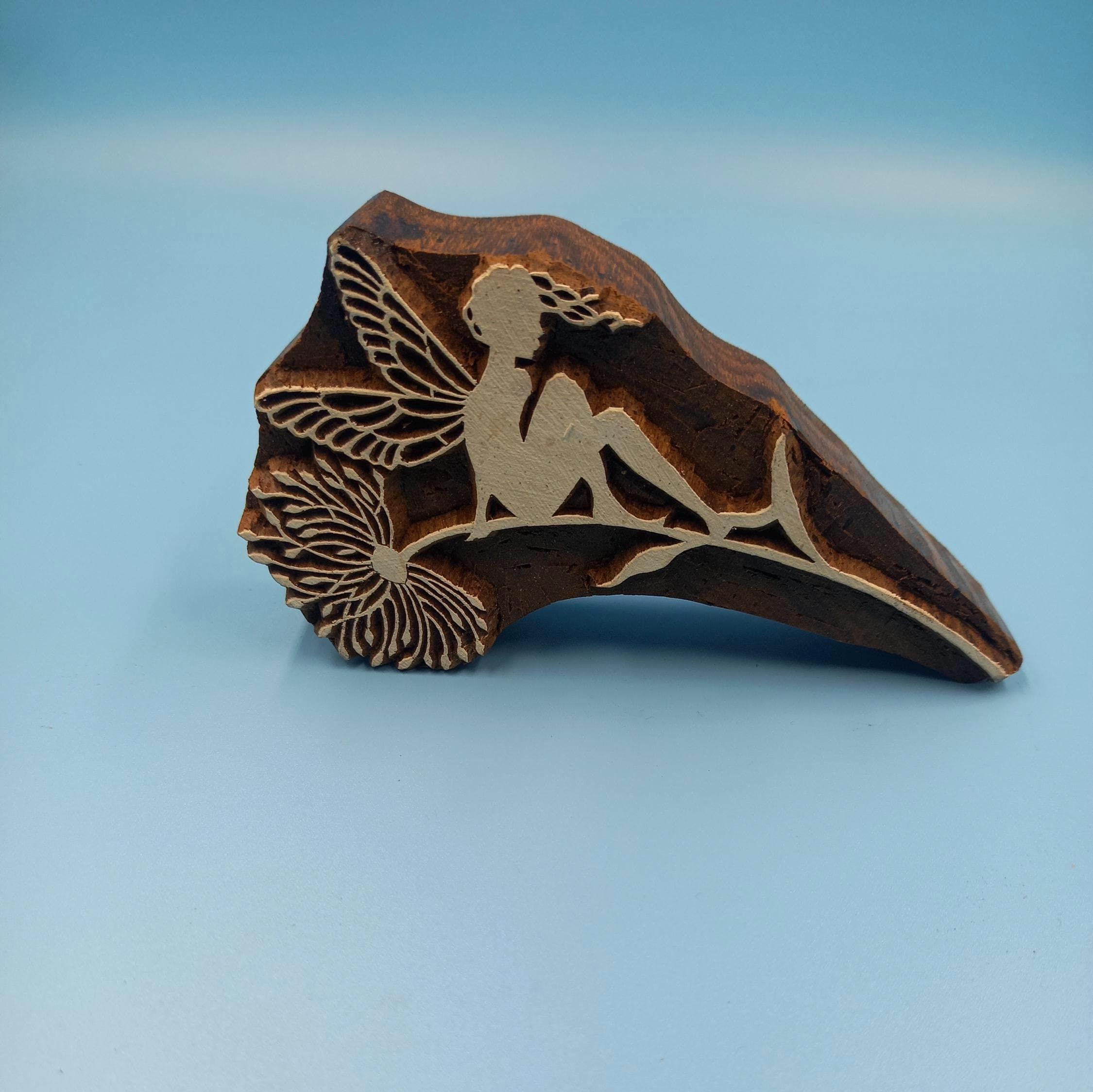 Fairy on Branch Wooden Printing Block Pottery Stamp, Batik Tjaps, Blaudruck stempel