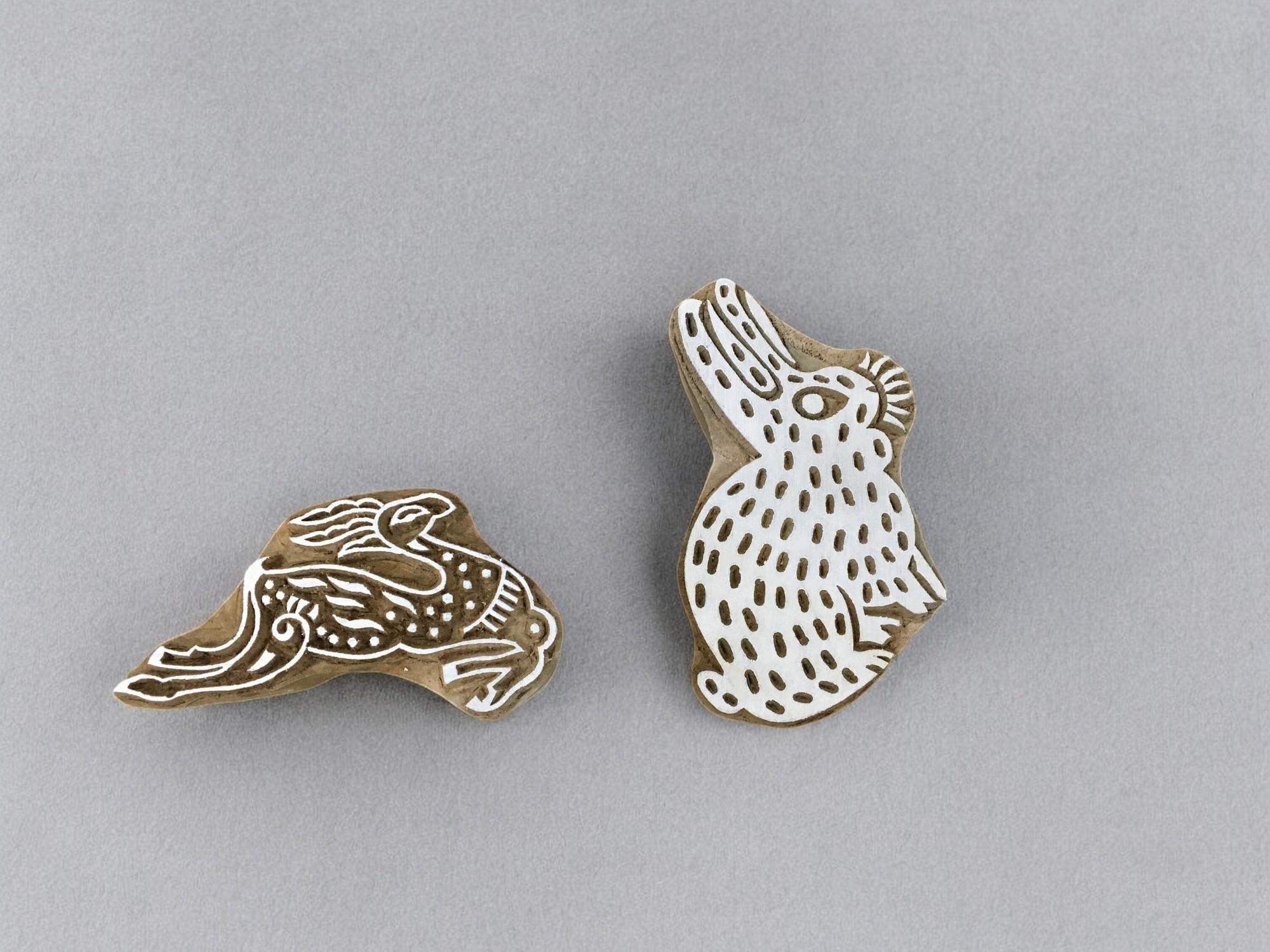 Leaping & A sleeping rabbit  hand carved Indian wood printing block; textile stamp; pottery stamp,