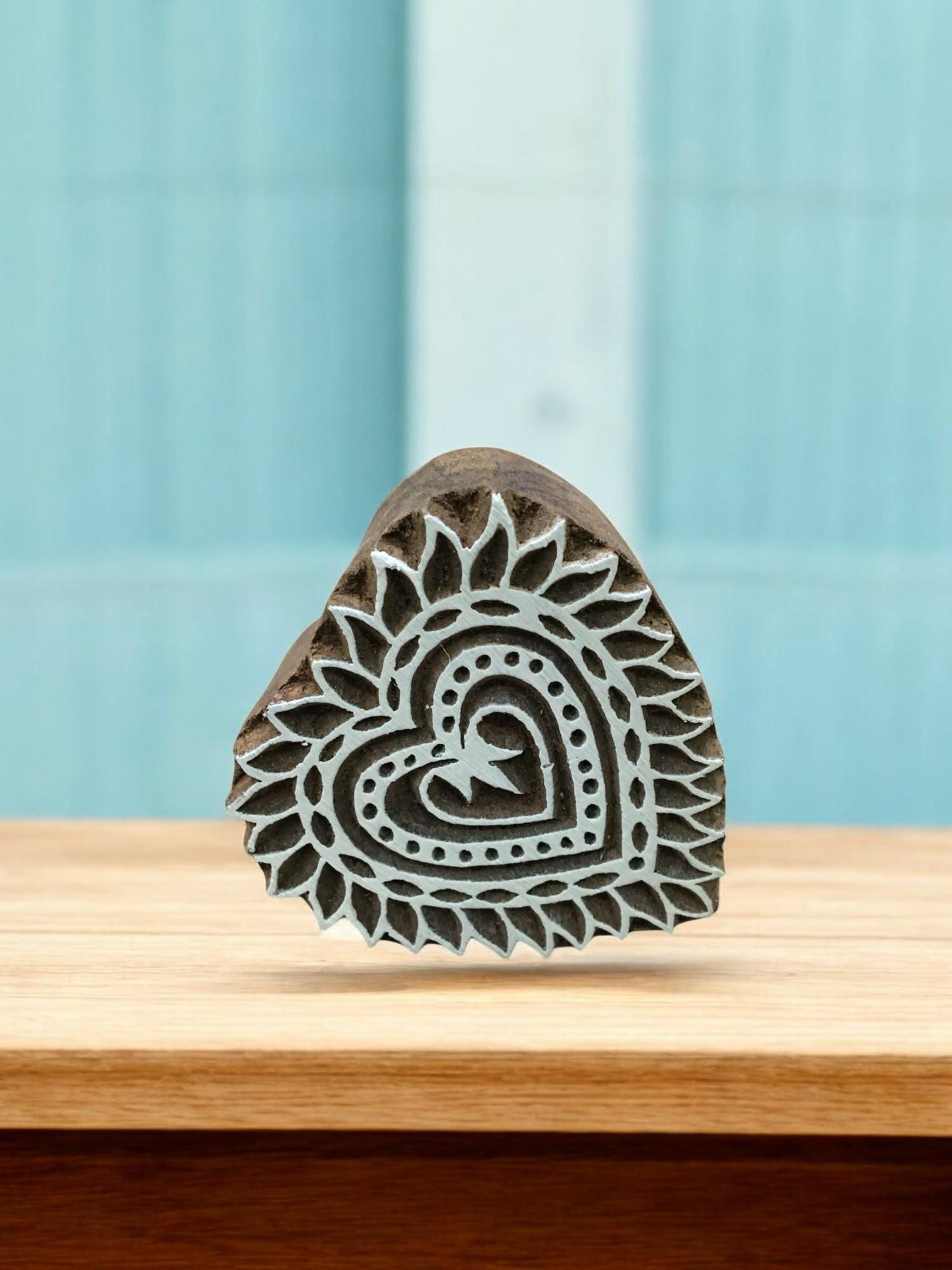Hand Carved Heart Wood Printing Block, Textile Stamp