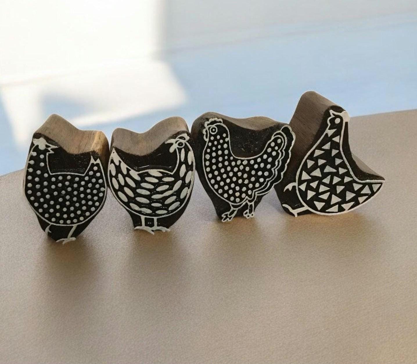 Hand Carved Chicken Printing Blocks, Indian Wood Stamps, Easter Decor