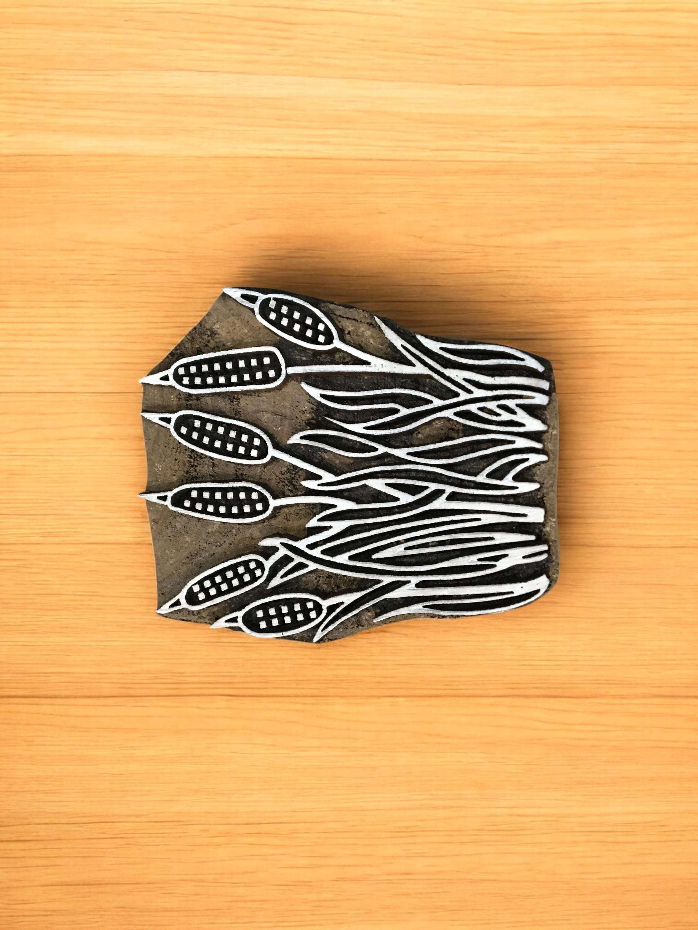 Cattail Wood Printing Block: Hand Carved Indian Stamp (88x63mm