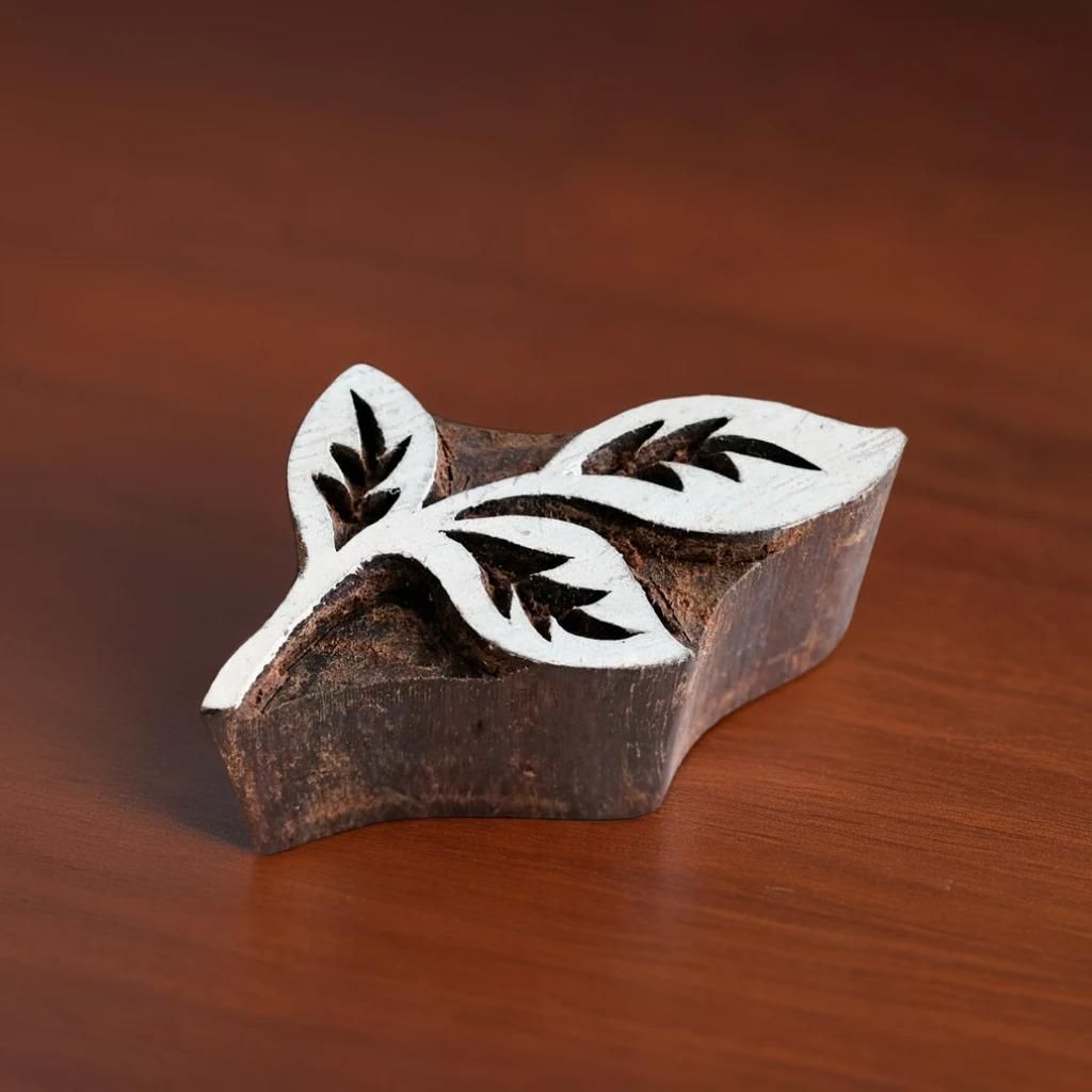 Lush Leaf Pottery Stamp, Hand Carved Indian Wood Block Print (2x3.5in)