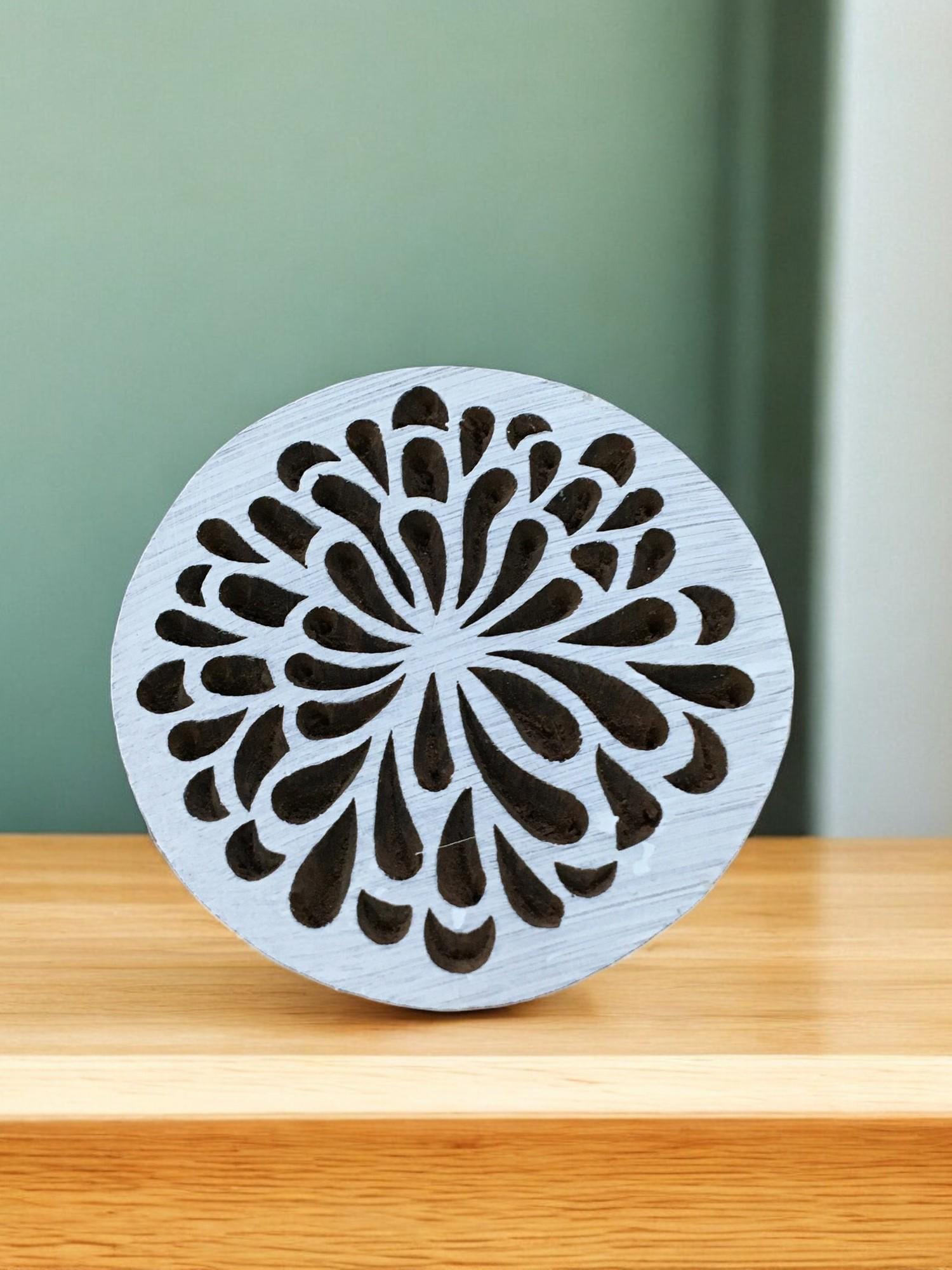 Hand Carved Mandala Leaves Wood Block Stamp, Indian Textile Printing