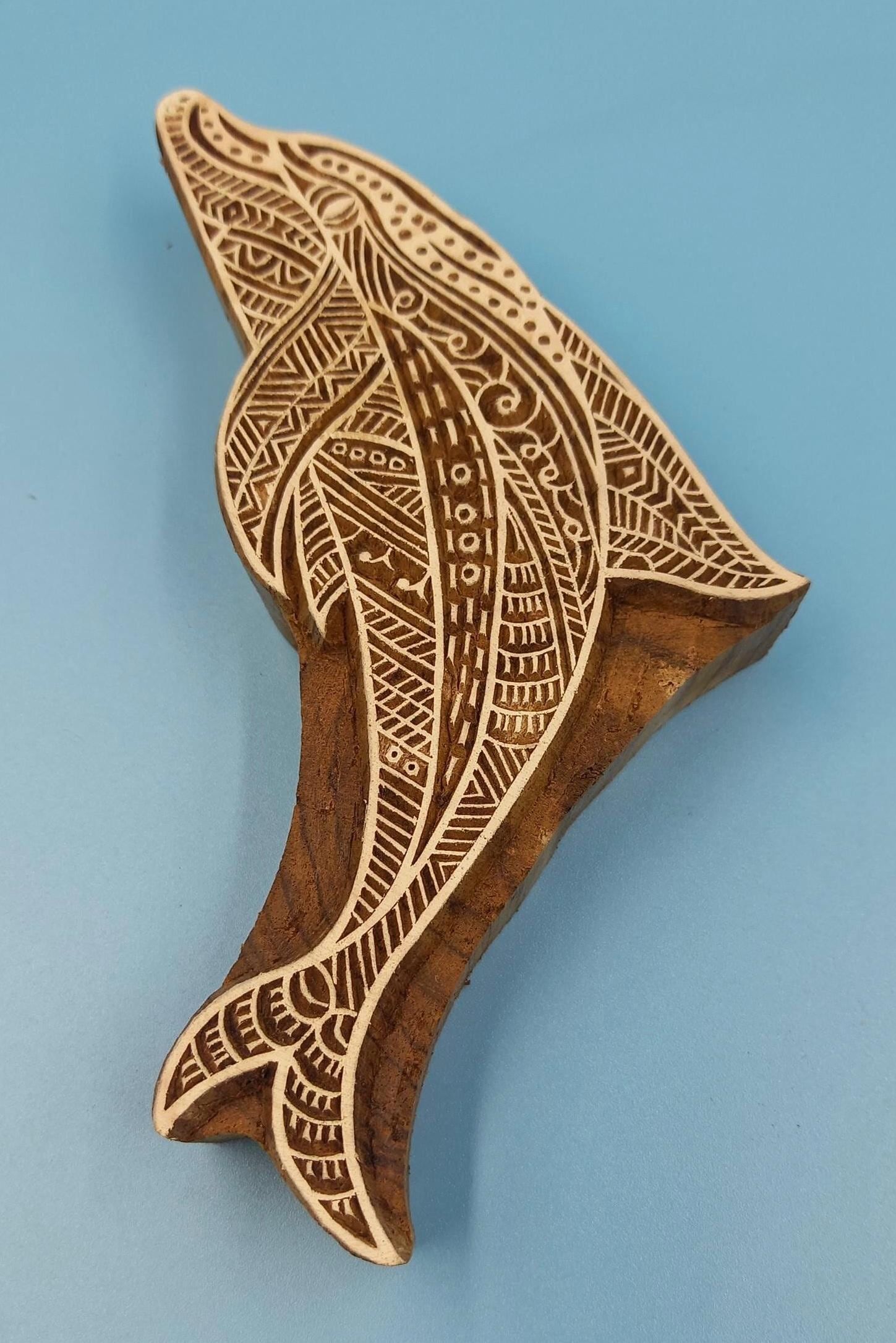 Zentangle Dolphin Wooden Printing Block Pottery Stamp, Batik Tjaps, Blaudruck stempel