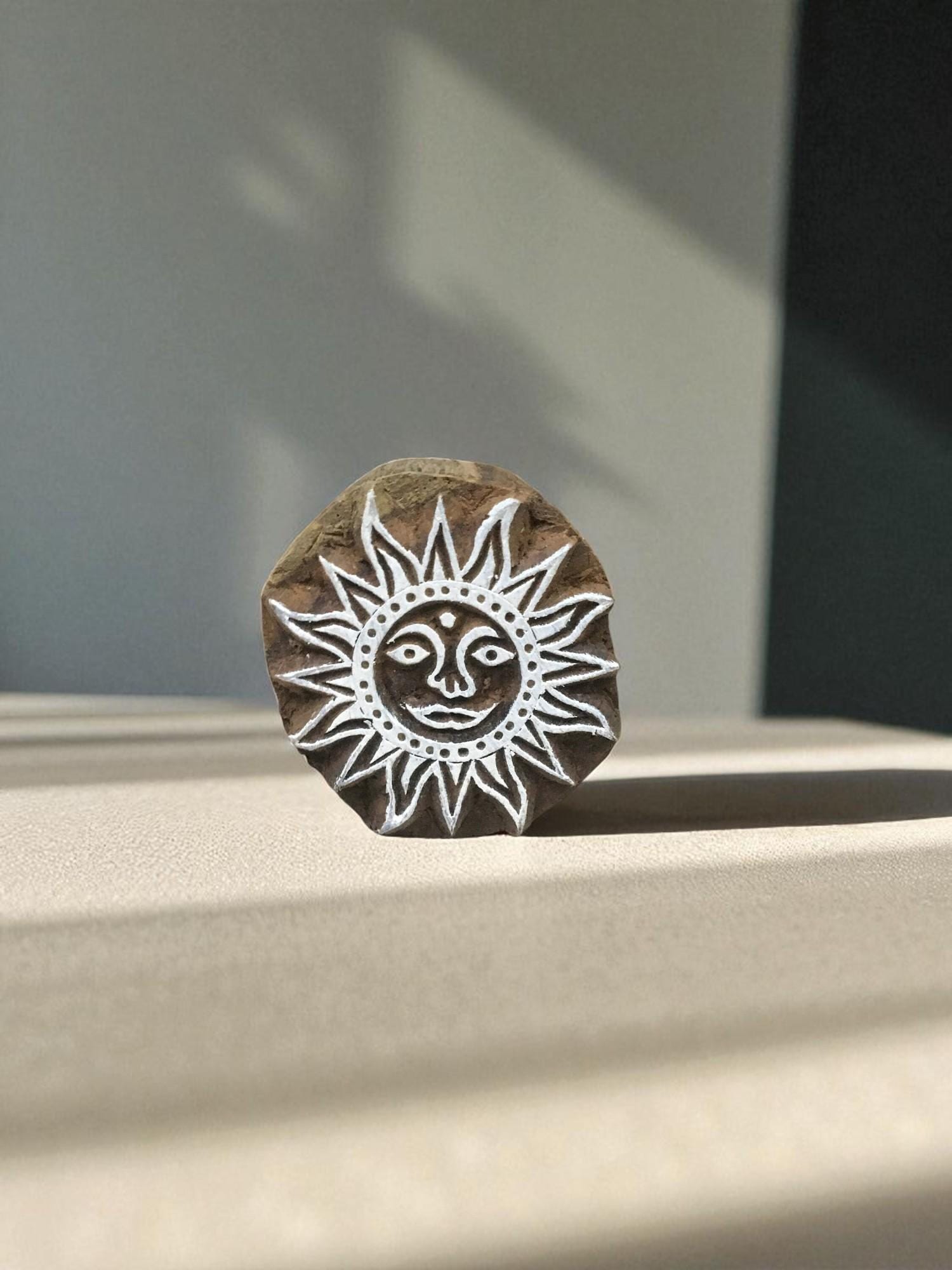Fair Trade Sun Face Wooden Printing Block, Indian Textile Stamp (10cm)