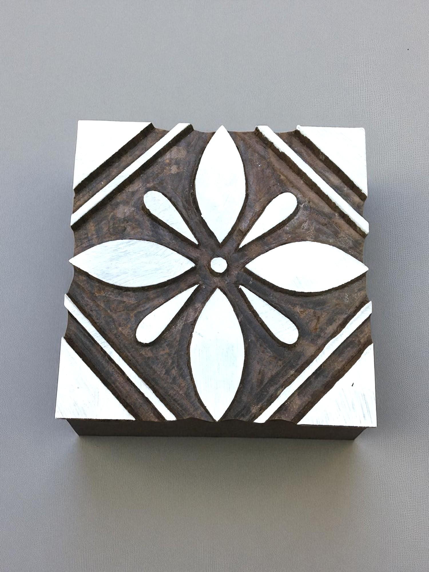 Hand Carved Indian Wood Printing Block: Floral Textile Stamp