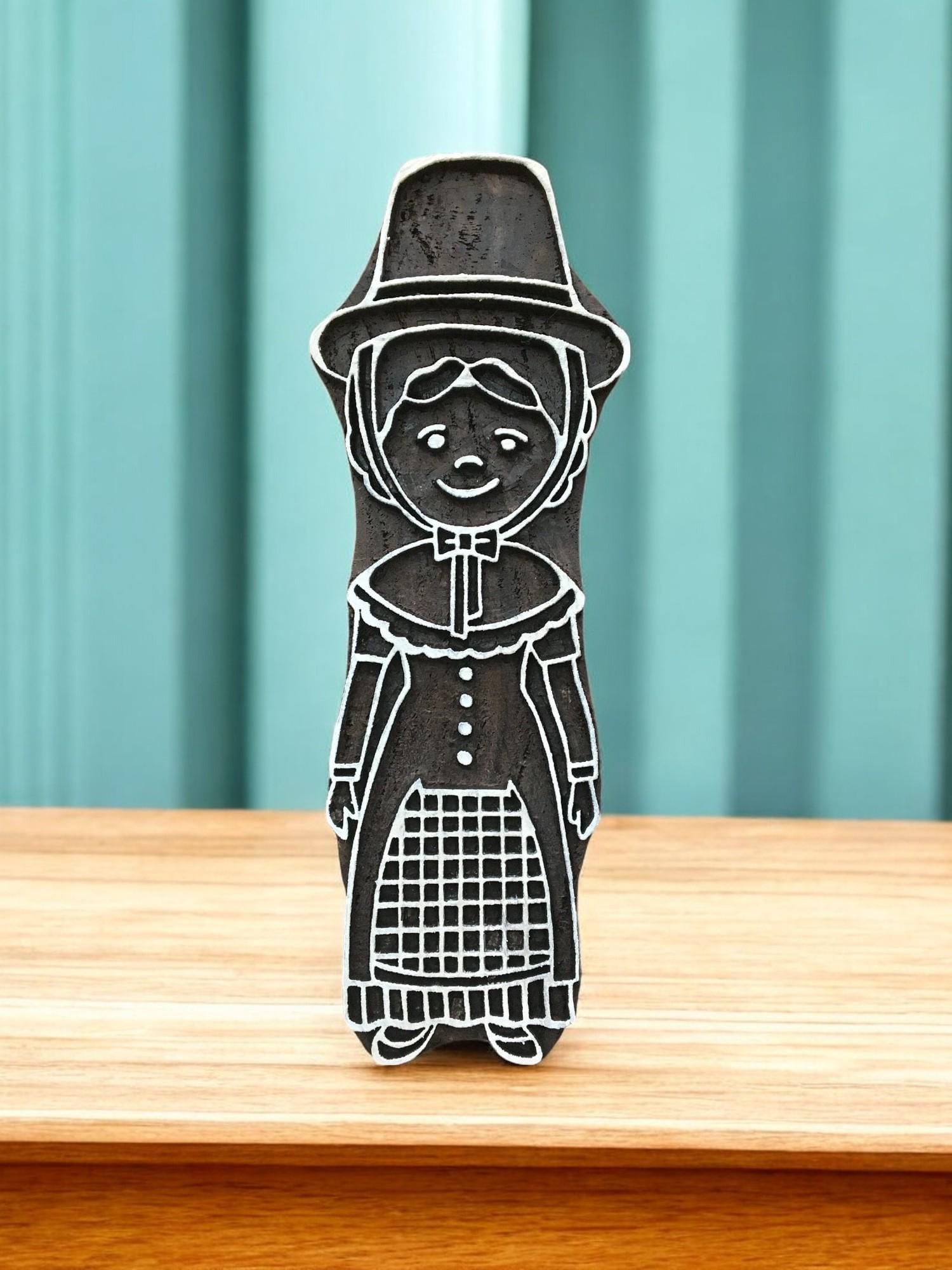 Comic Welsh Lady, hand carved Indian wood printing block; textile stamp; pottery stamp,