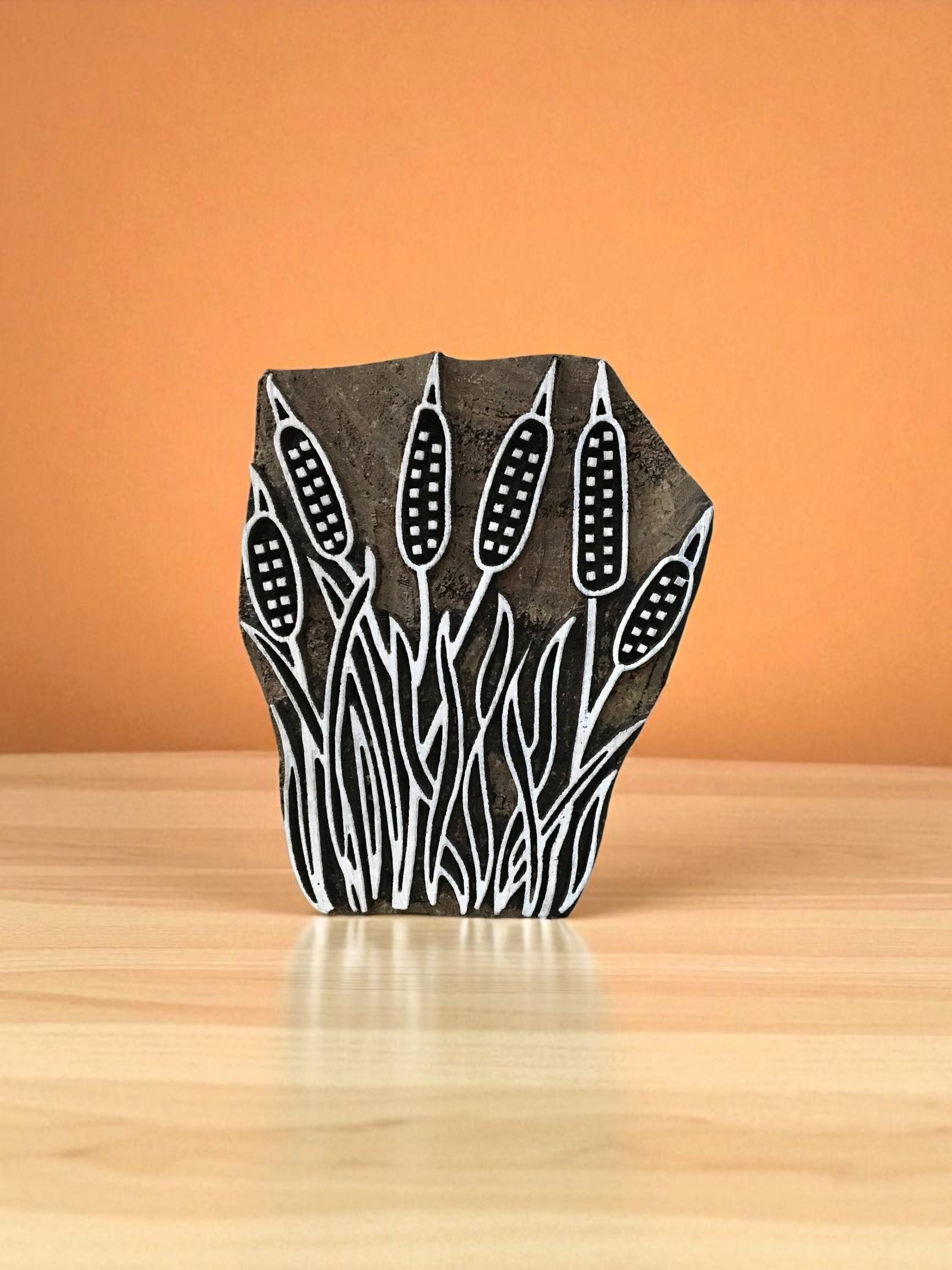 Cattail Wood Printing Block: Hand Carved Indian Stamp (88x63mm