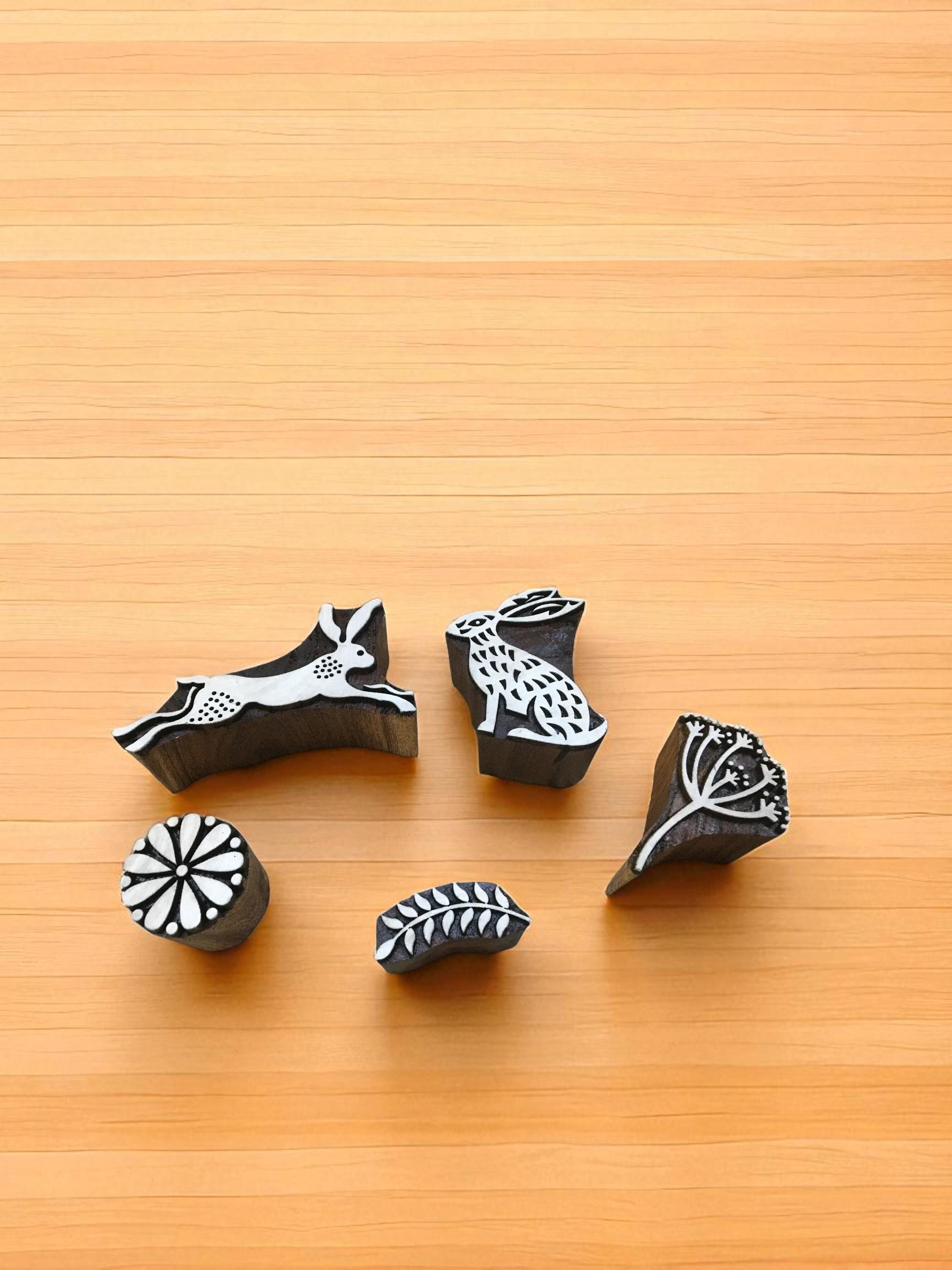 Hare and Seed Head Stamp Block Set, Hand Carved Indian Wood Printing