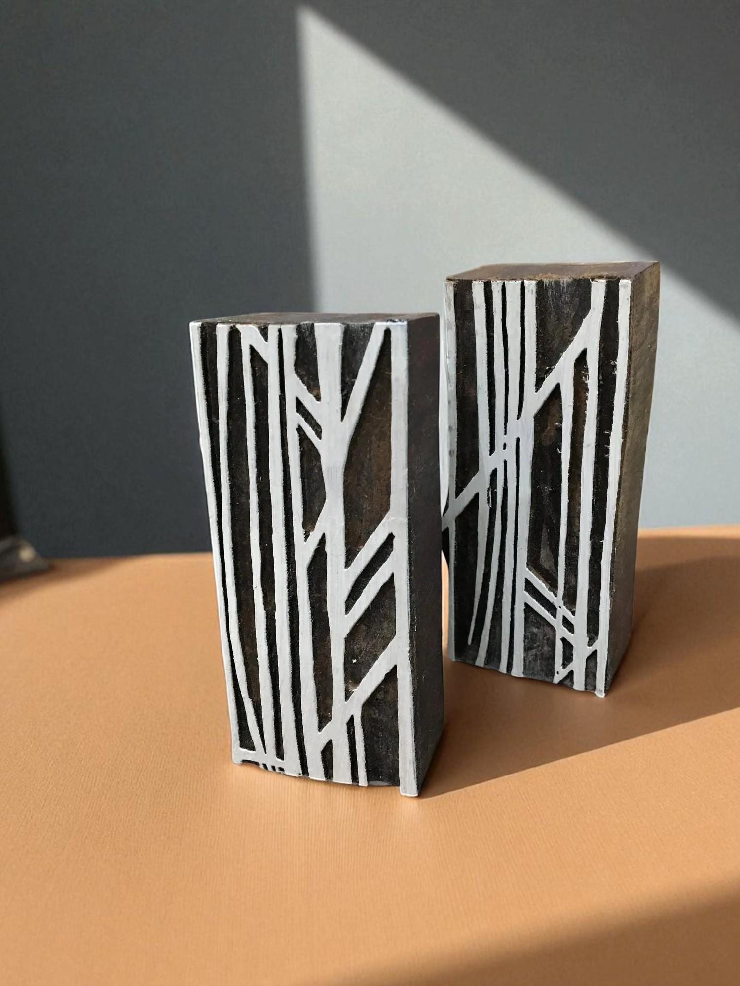 Bamboo Maze Pair,  hand carved Indian wood printing block; textile stamp; pottery stamp,