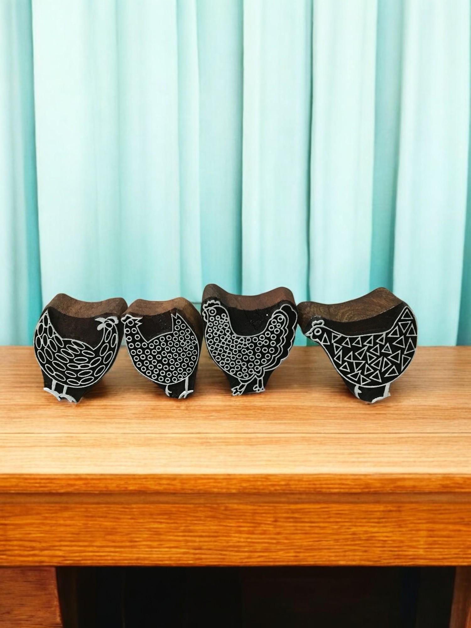 Hand Carved Chicken Wood Printing Block Set, Textile Pottery Stamps