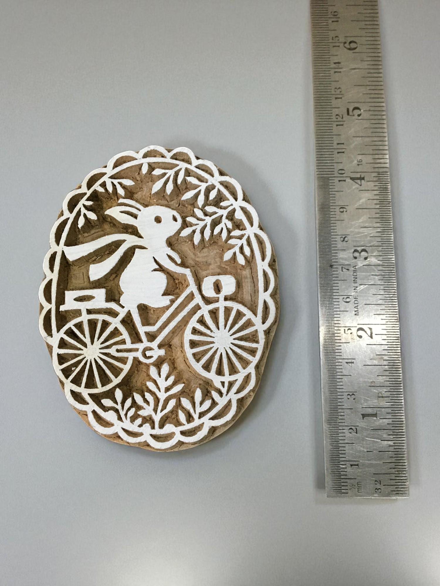 Rabbit on Bicycle Wood Block Stamp, Indian Textile Printing