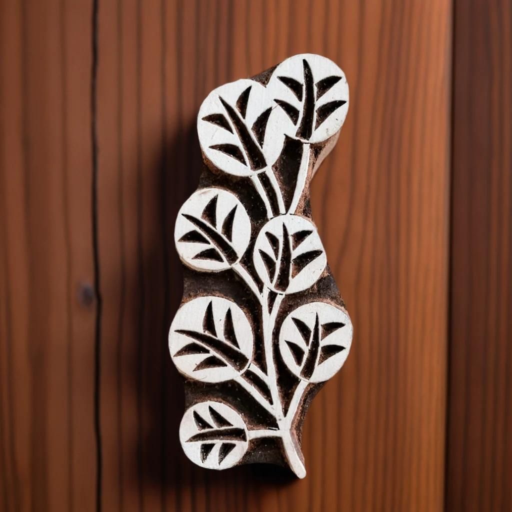 Hand Carved Teak Wood Block Print Stamp, Bamboo Bloom