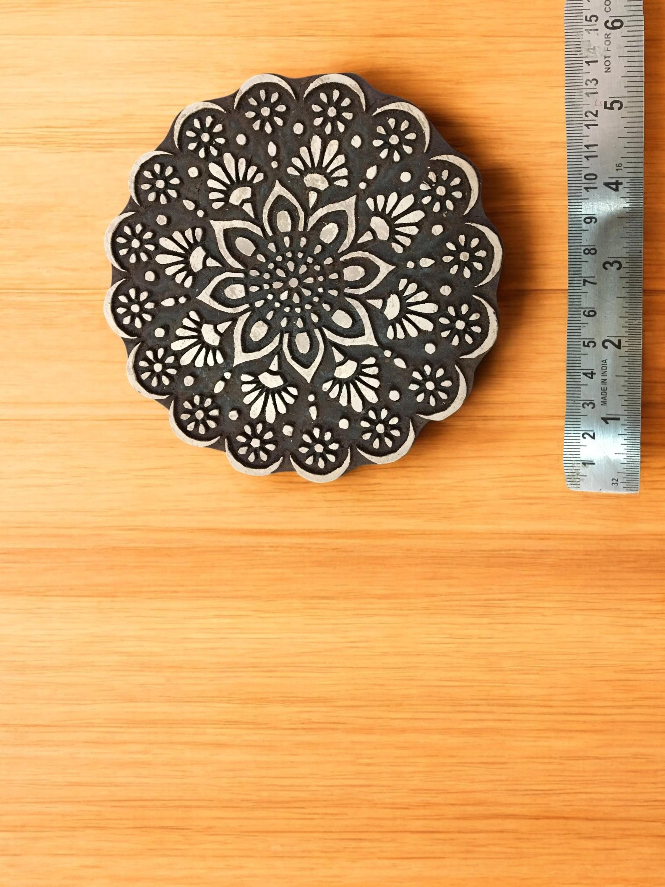 Floral Mandala Wood Stamp, Indian Textile Block (12.5cm)
