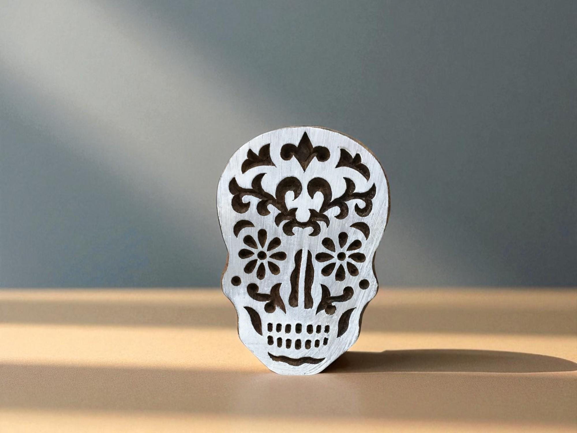 Solid Skull, hand carved Indian wood printing block; textile stamp; pottery stamp,