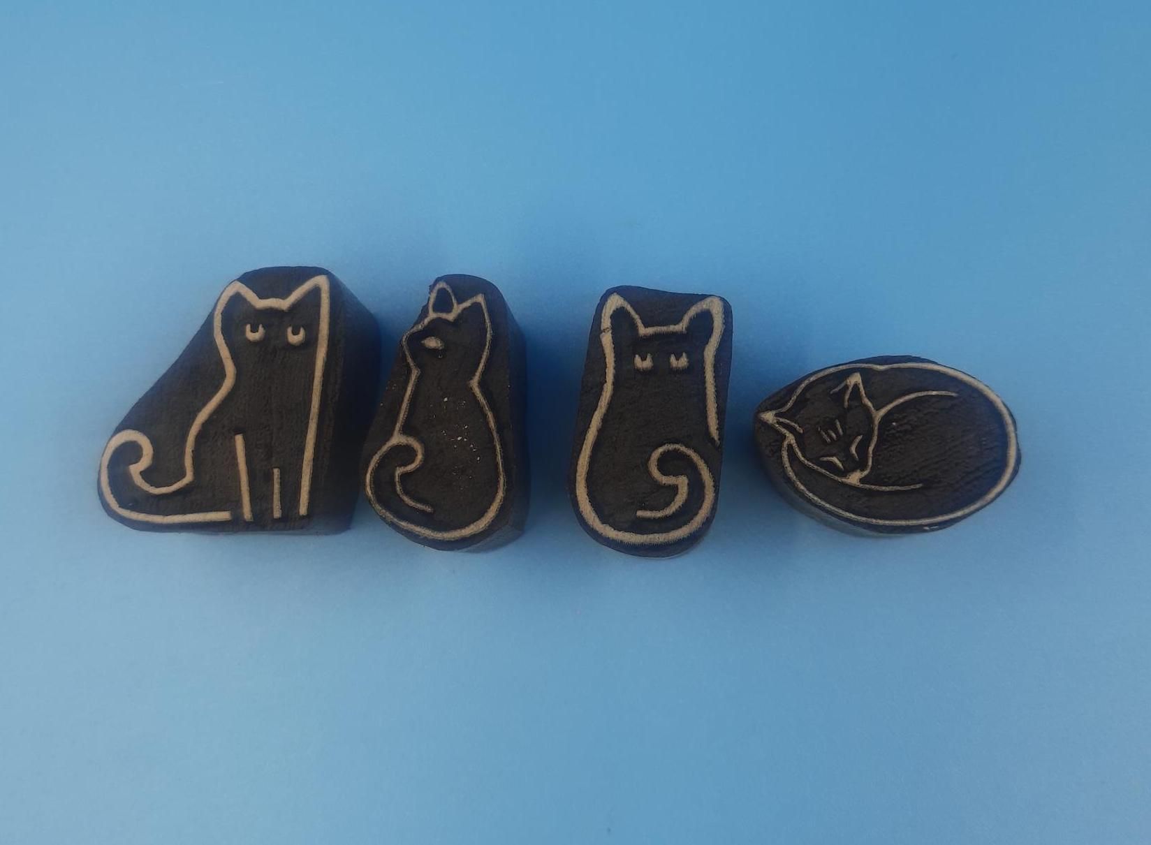 Cat Family Wooden Printing Block Pottery Stamp, Batik Tjaps, Blaudruck stempel
