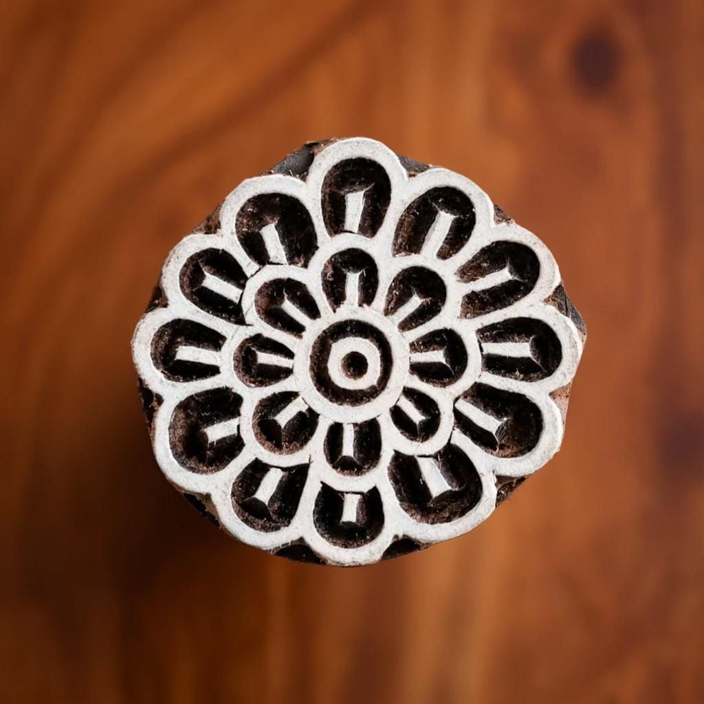 Floral Pottery Stamp, Hand Carved Indian Wood Block, 2"x2"
