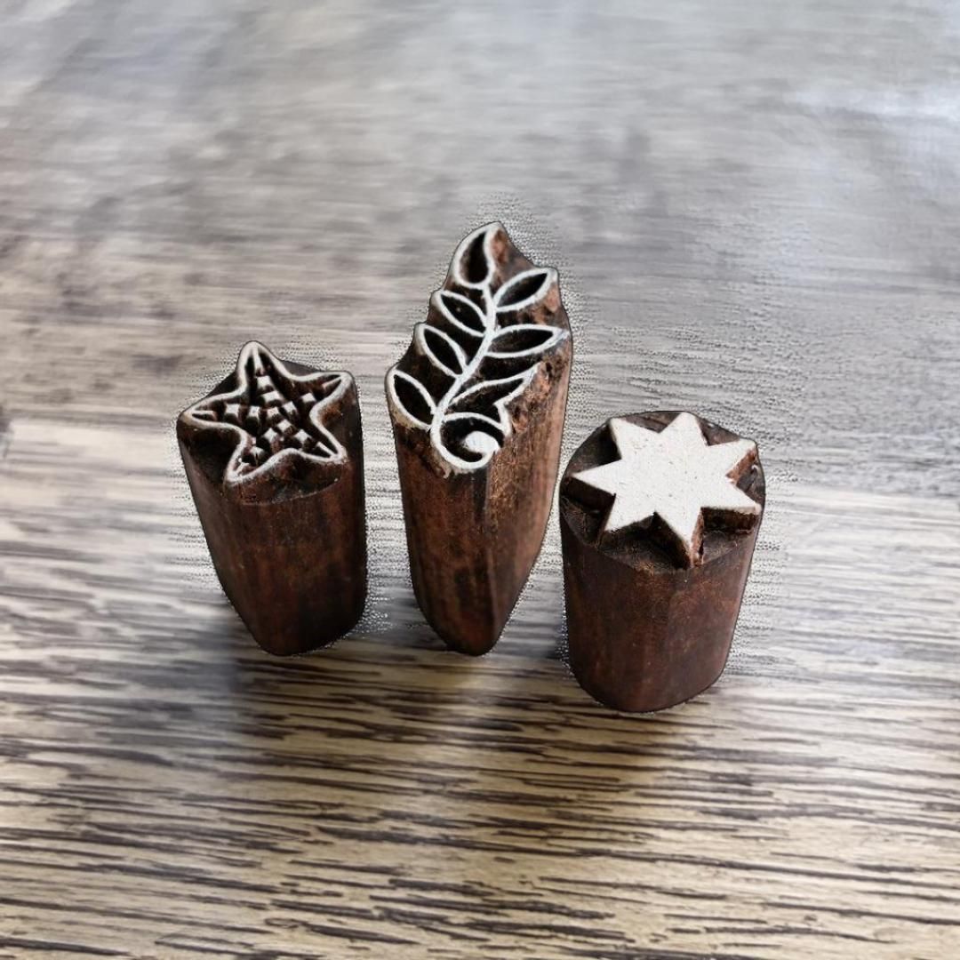 Hand Carved Teak Wood Block Set – Floral & Star Stamps