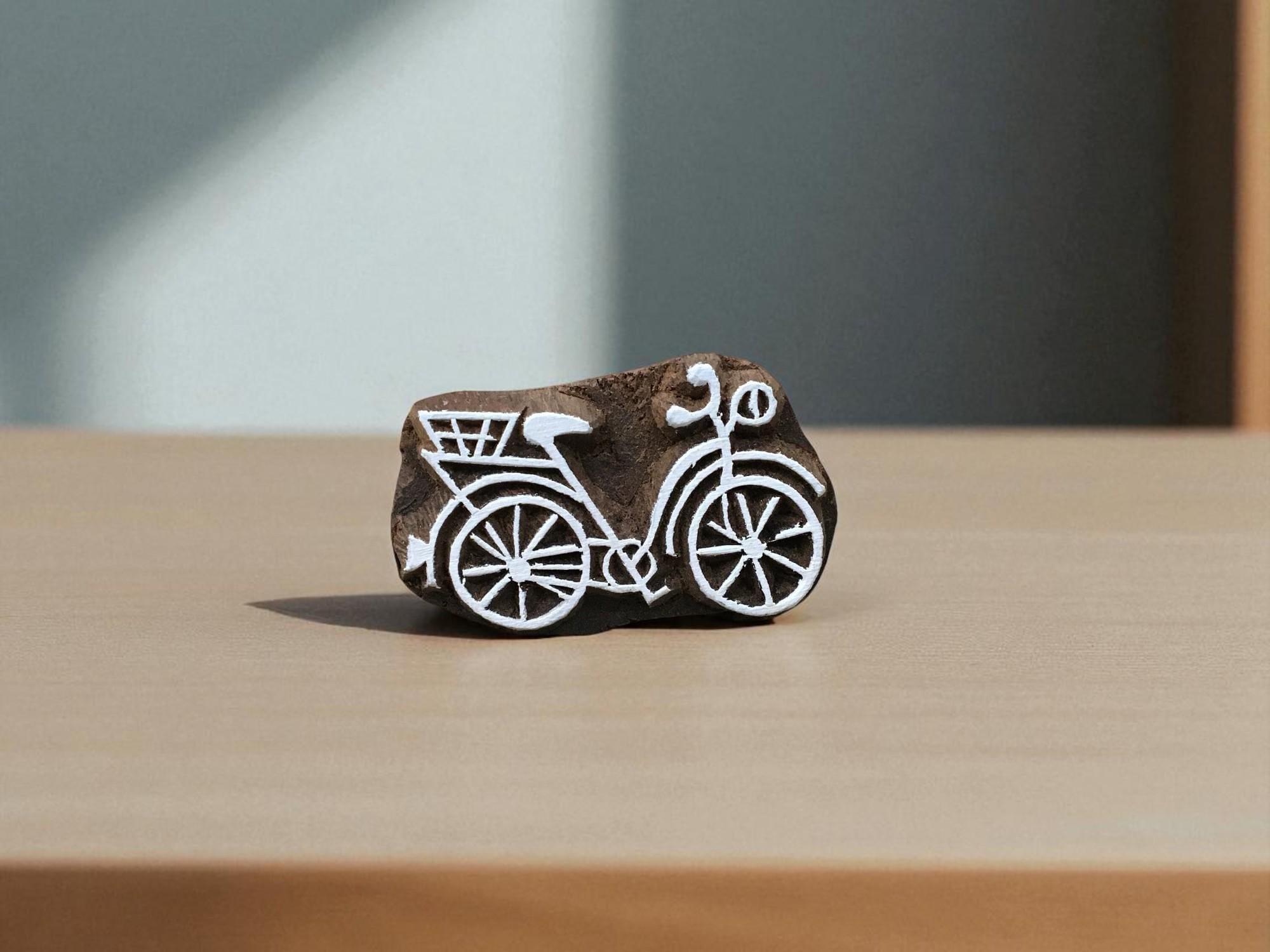 Mini Bicycle Wood Stamp, Hand Carved Indian Block for Printing