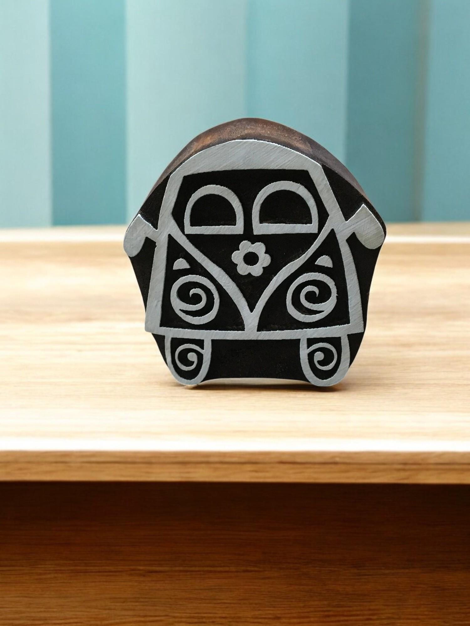 Campervan Wooden Printing Block – Hippie Floral Carved Stamp