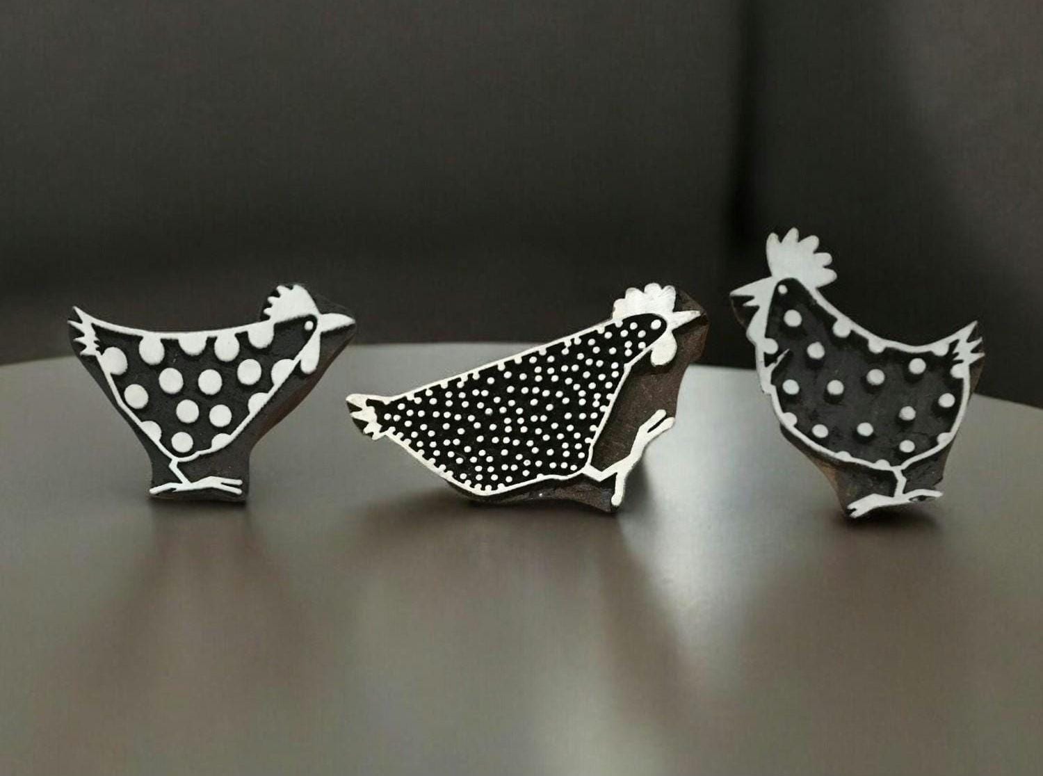 Funky Chickens Indian Wooden Printing Block, Batik Stamp