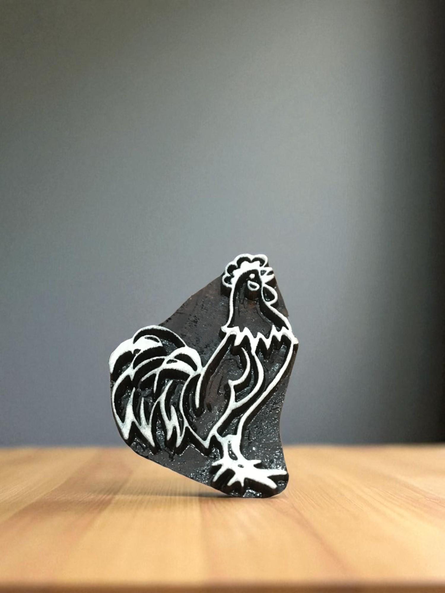 Cockerel Printing Block – Hand Carved Indian Wood Textile Stamp