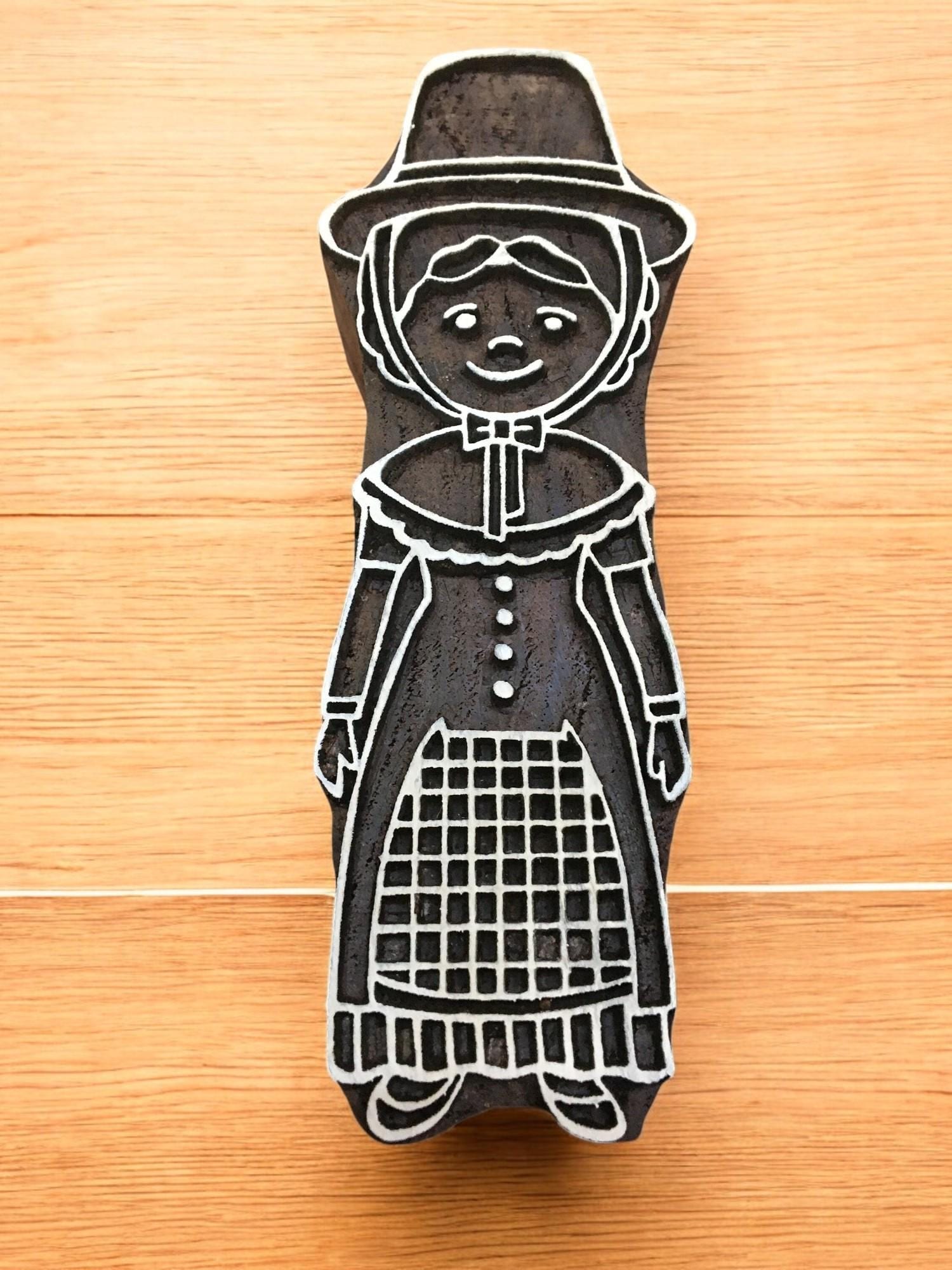 Comic Welsh Lady, hand carved Indian wood printing block; textile stamp; pottery stamp,