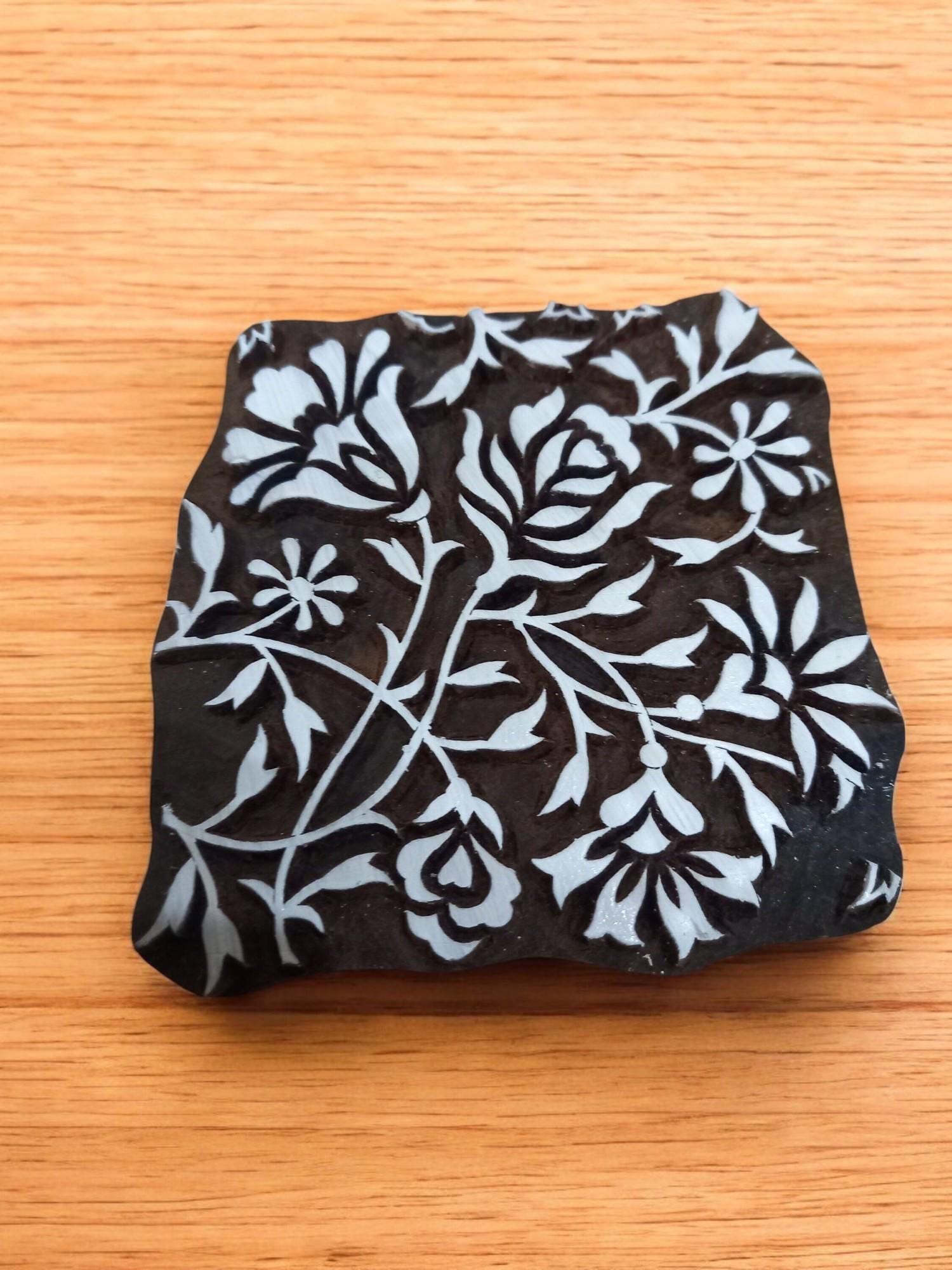 Floral Carved Wooden Printing Block, Ceramic Pottery Stamp (10x10cm)