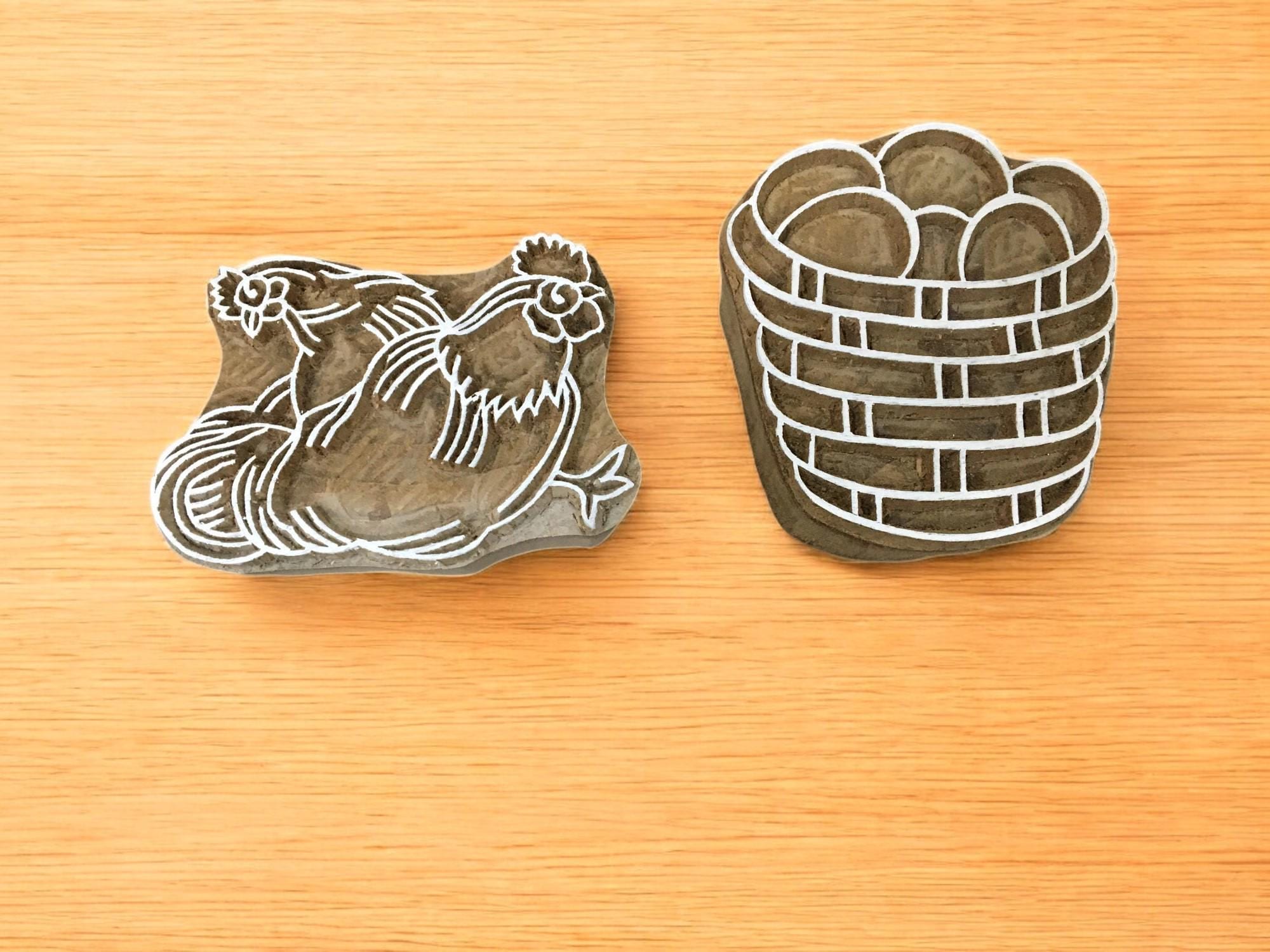 Hen, Cock & Egg Basket Wooden Printing Blocks, Textile Pottery Stamps
