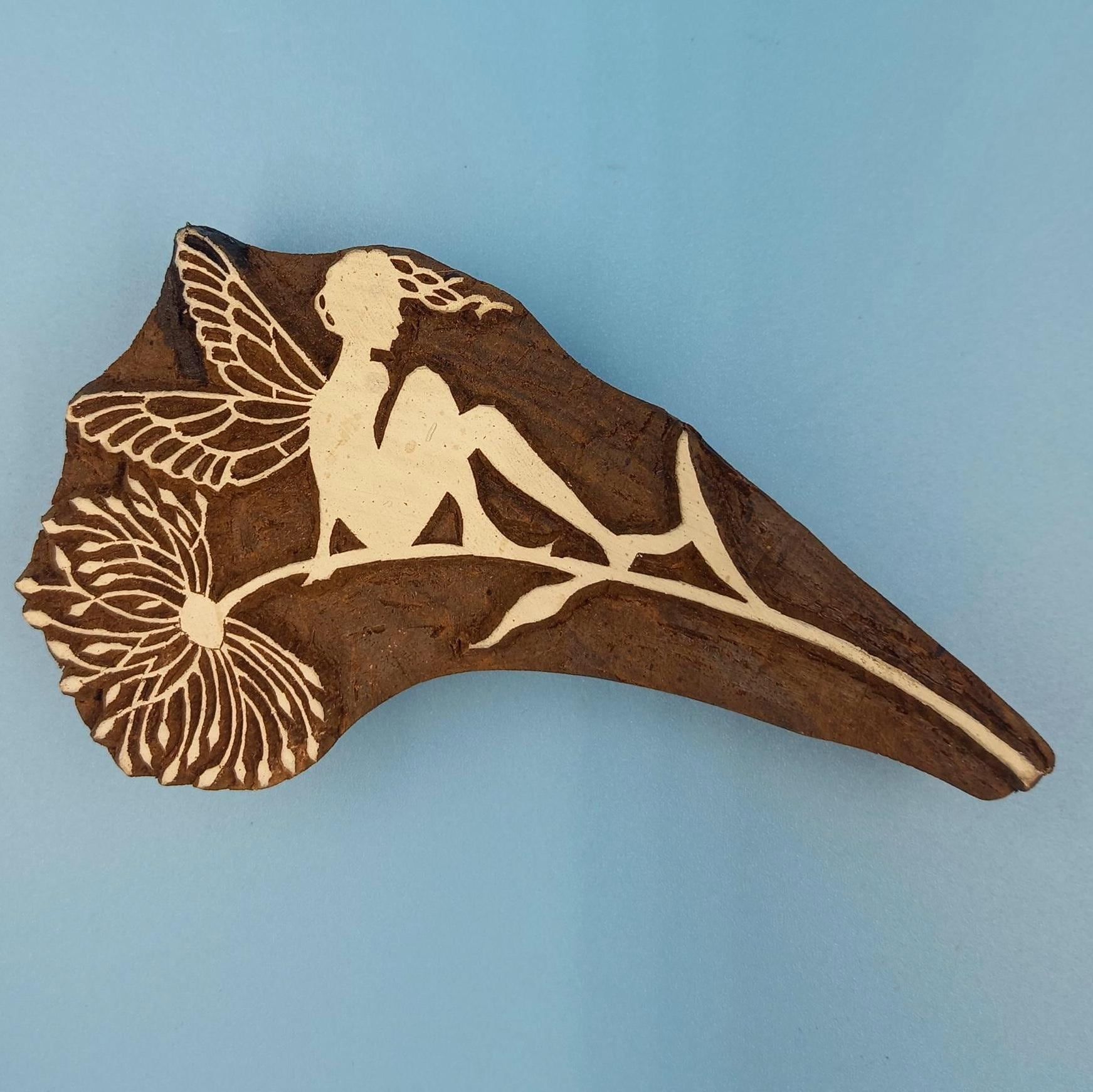 Fairy on Branch Wooden Printing Block Pottery Stamp, Batik Tjaps, Blaudruck stempel