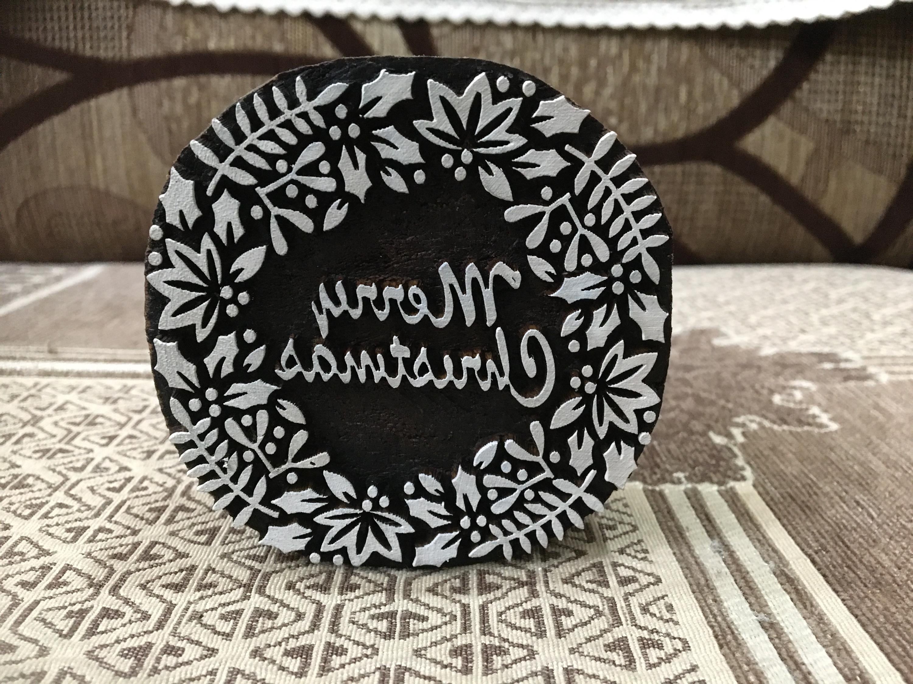 Floral Wooden Printing Block, Christmas Wreath Design (11.5cm)