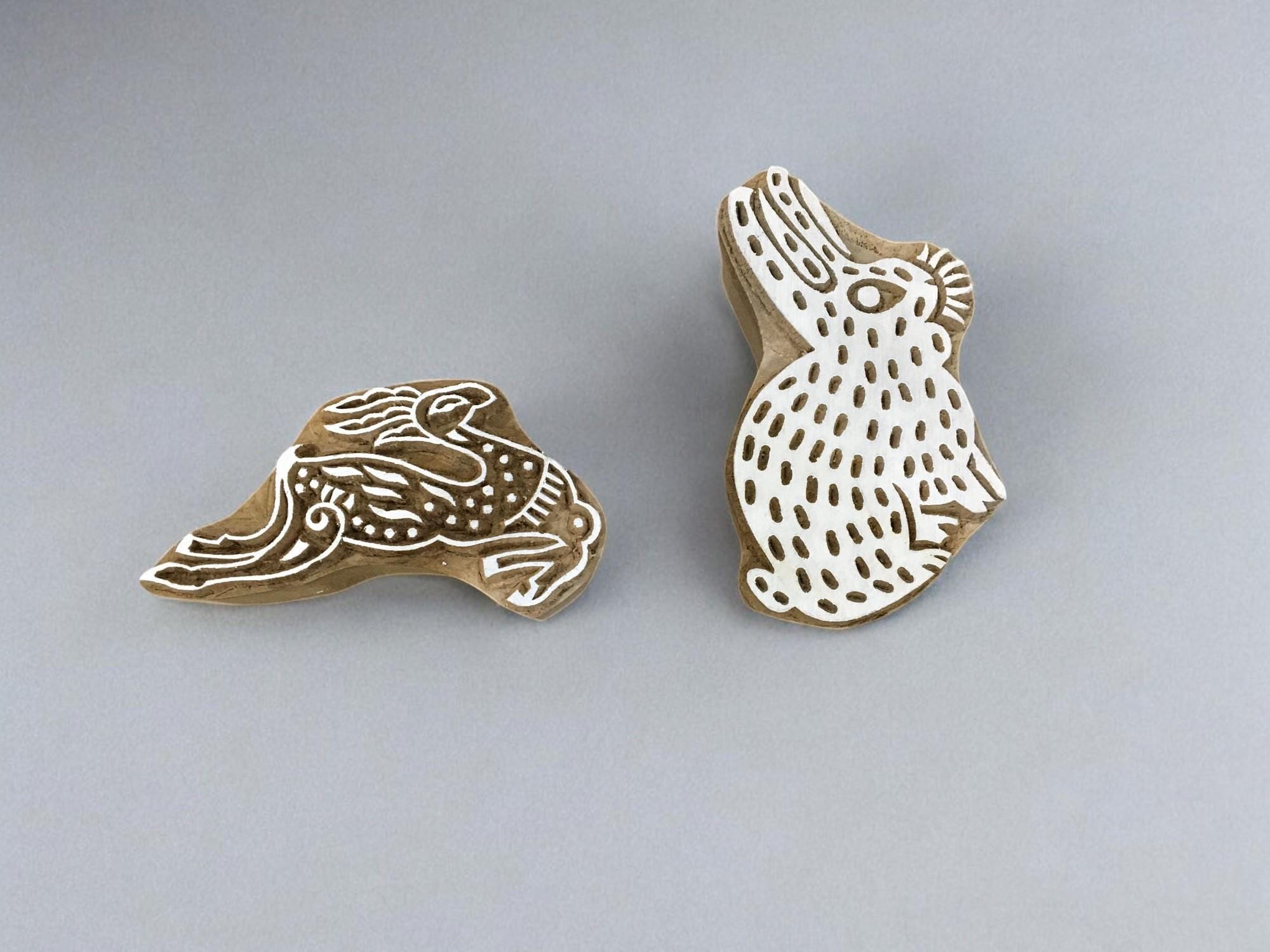 Leaping & A sleeping rabbit  hand carved Indian wood printing block; textile stamp; pottery stamp,