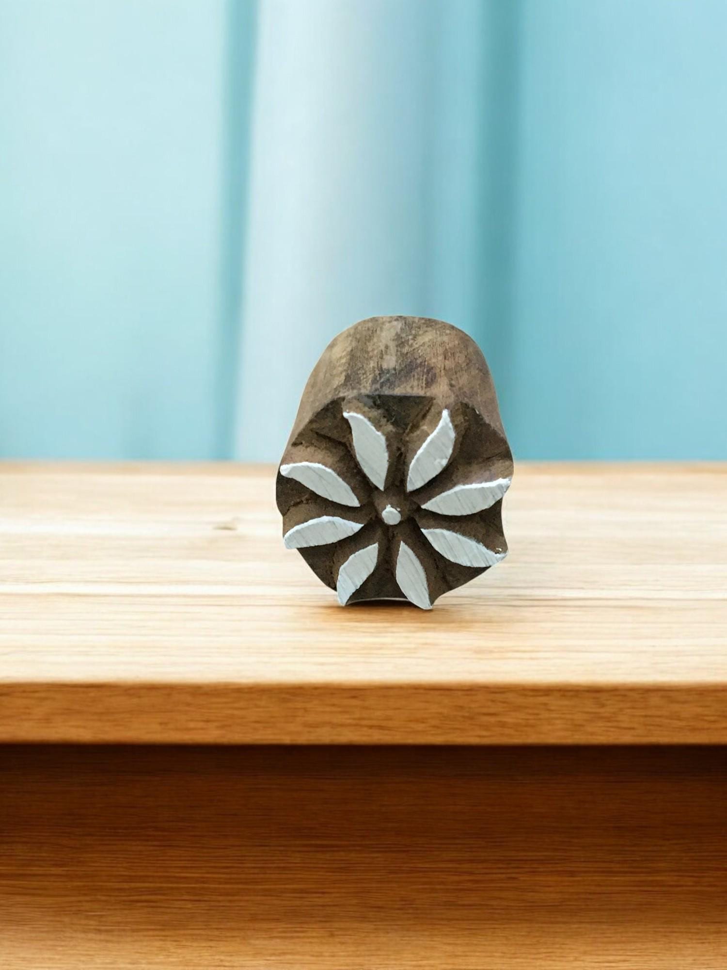 Mini Leaf Motif Wooden Stamp, Hand Carved Indian Block (3x3cm)