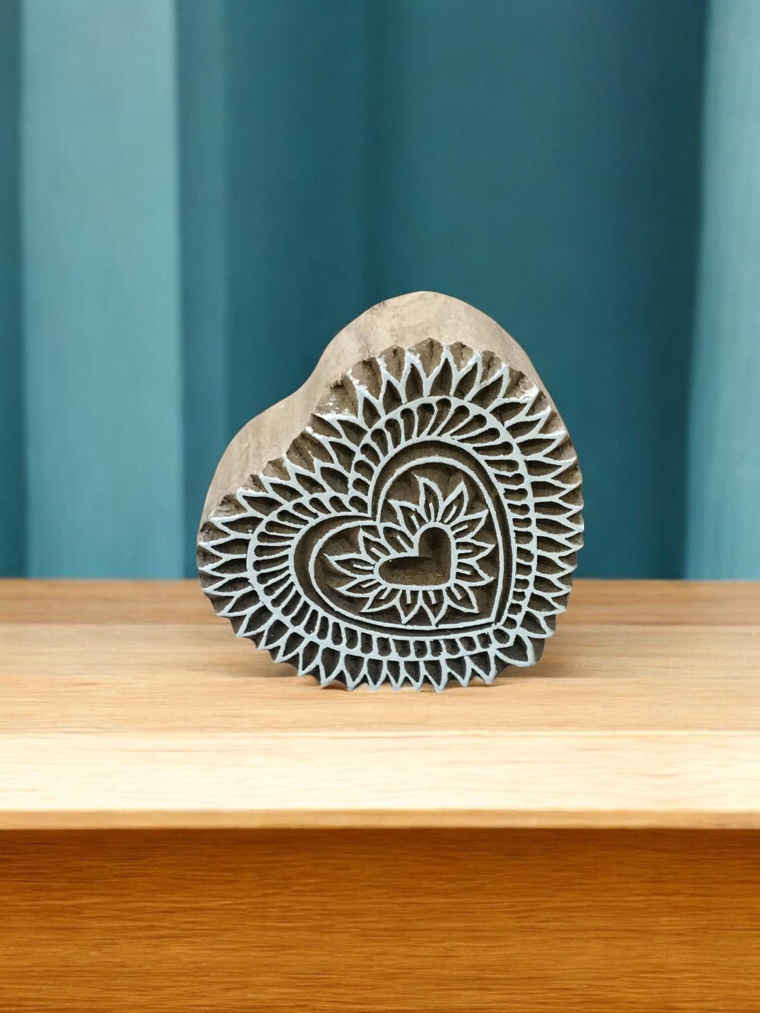 Hand Carved Wooden Printing Block: Intricate Heart Design
