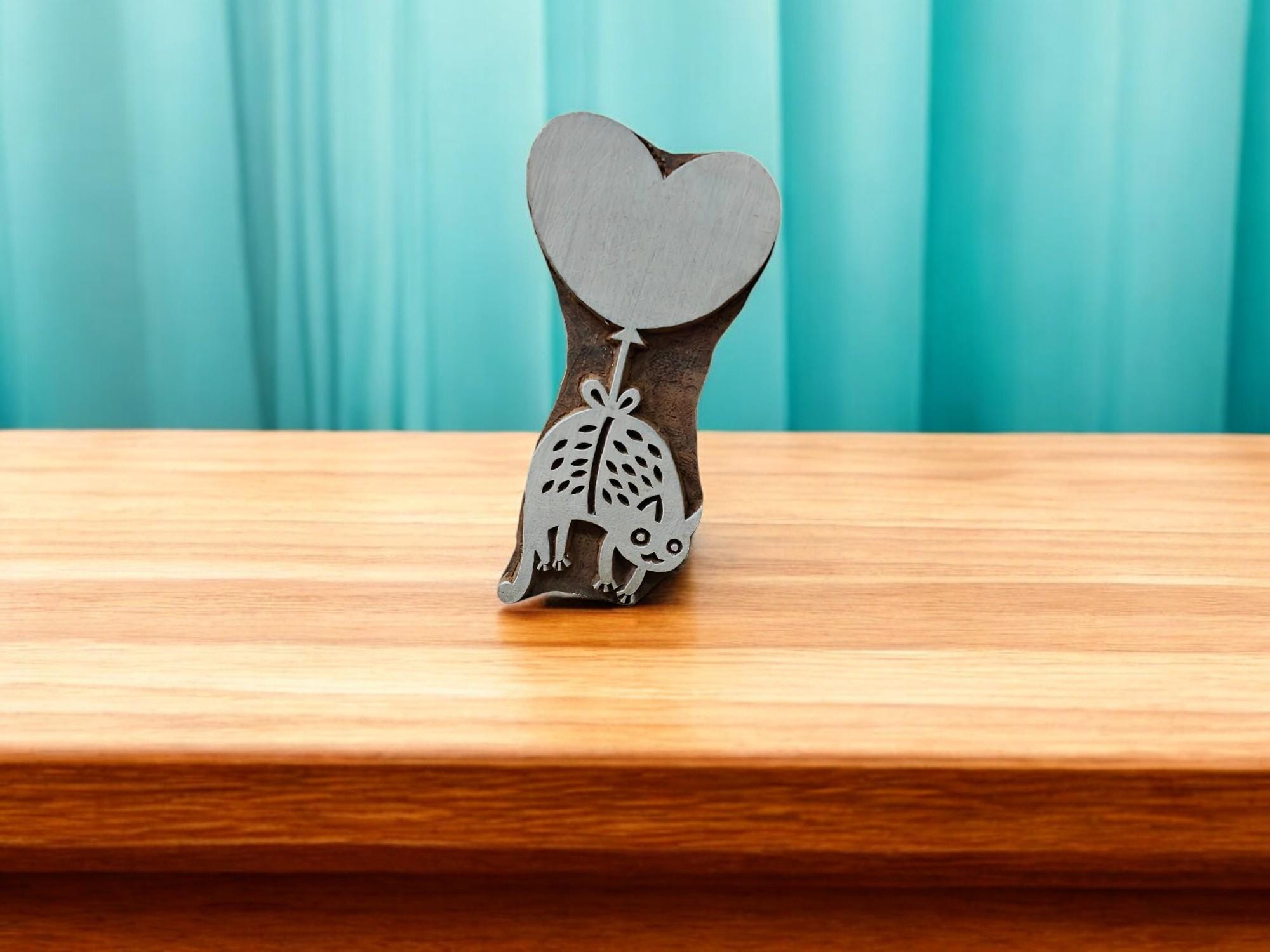 Cat Heart Balloon Wooden Stamp, Indian Block Print