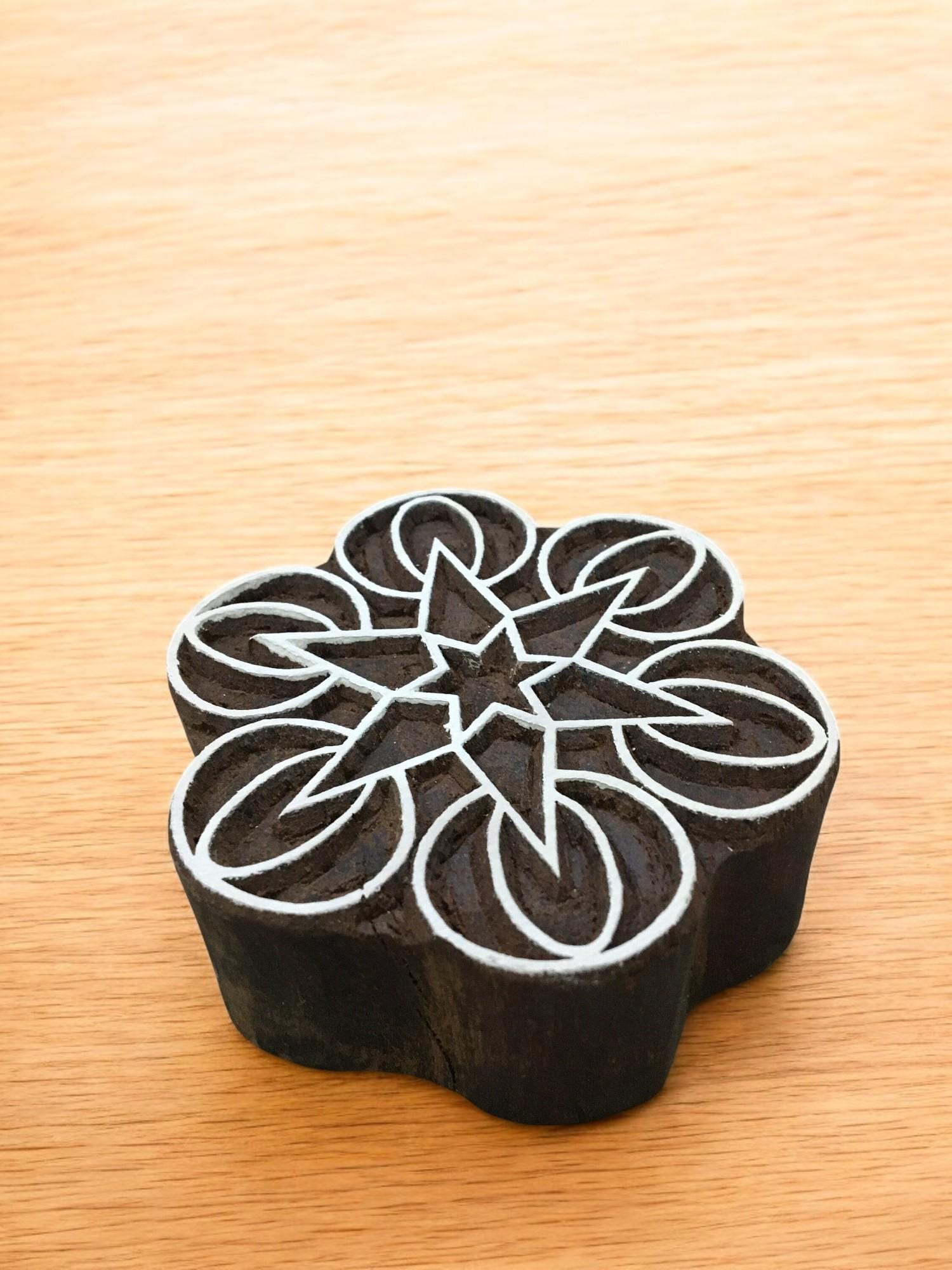 Geometric Mandal, round hand carved Indian wood printing block; textile stamp; pottery stamp,