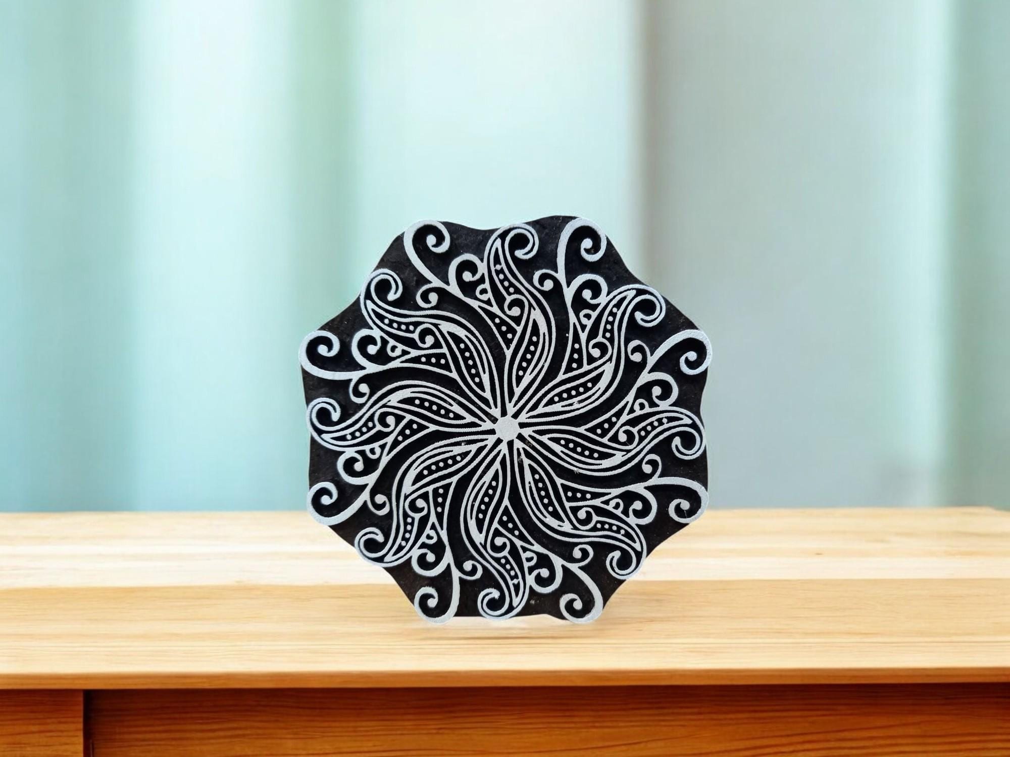 Curvy Leaf Mandala Wooden Printing Block, Pottery Stamp (10.00 cm)