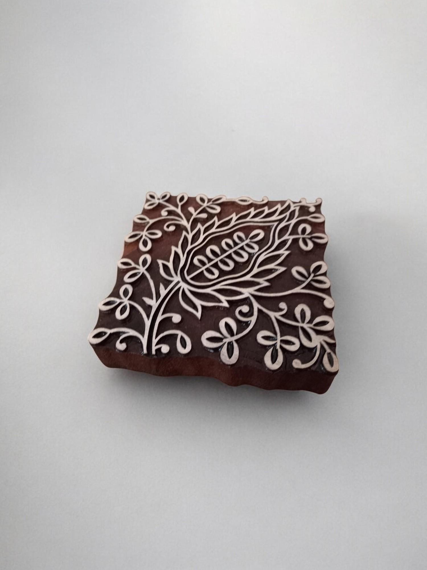 Hand Carved Indian Wood Printing Block, Leaf Design Textile Stamp