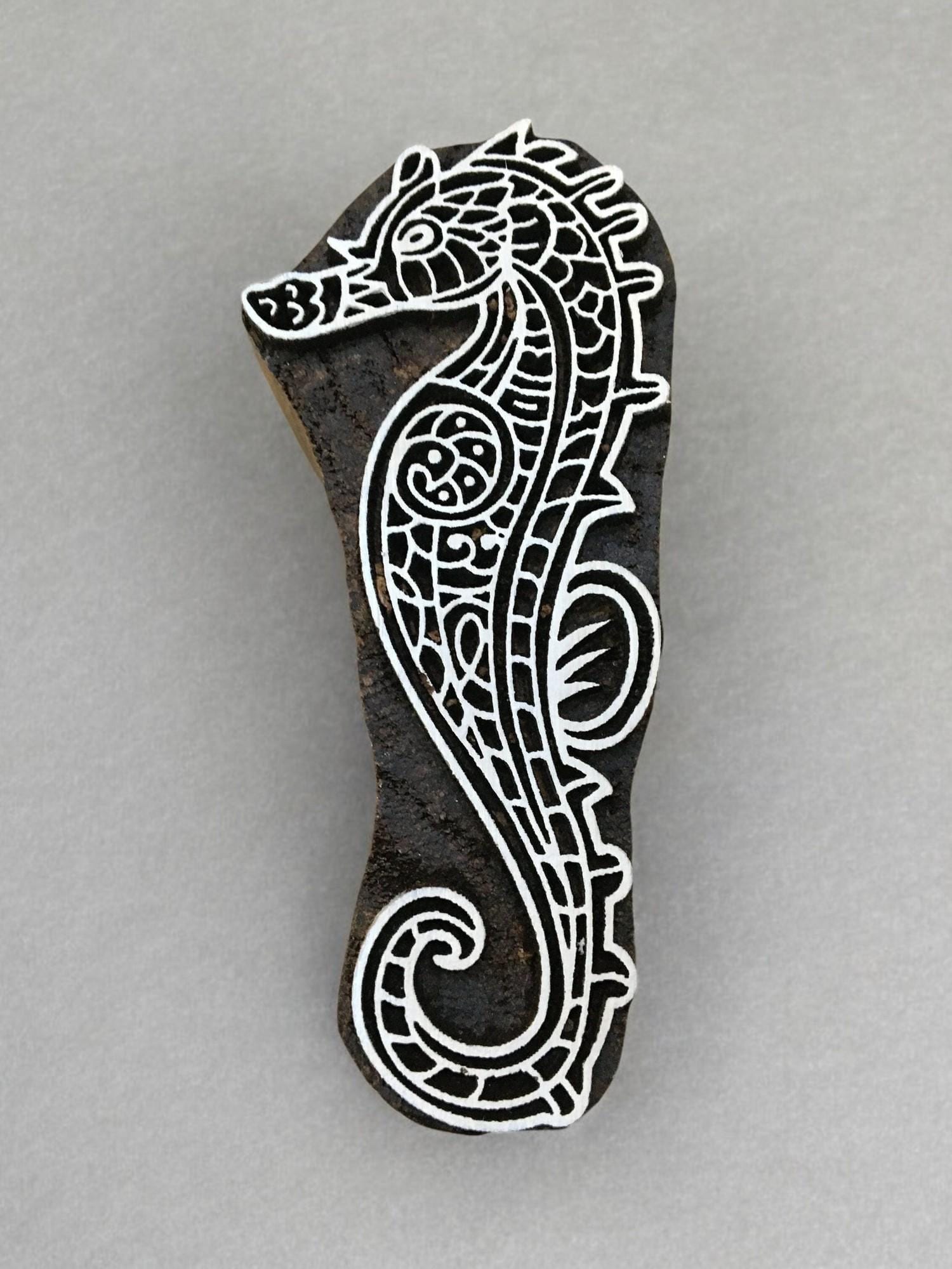 Zentangle seahorse, hand carved indian wood printing block; textile stamp; pottery stamp,
