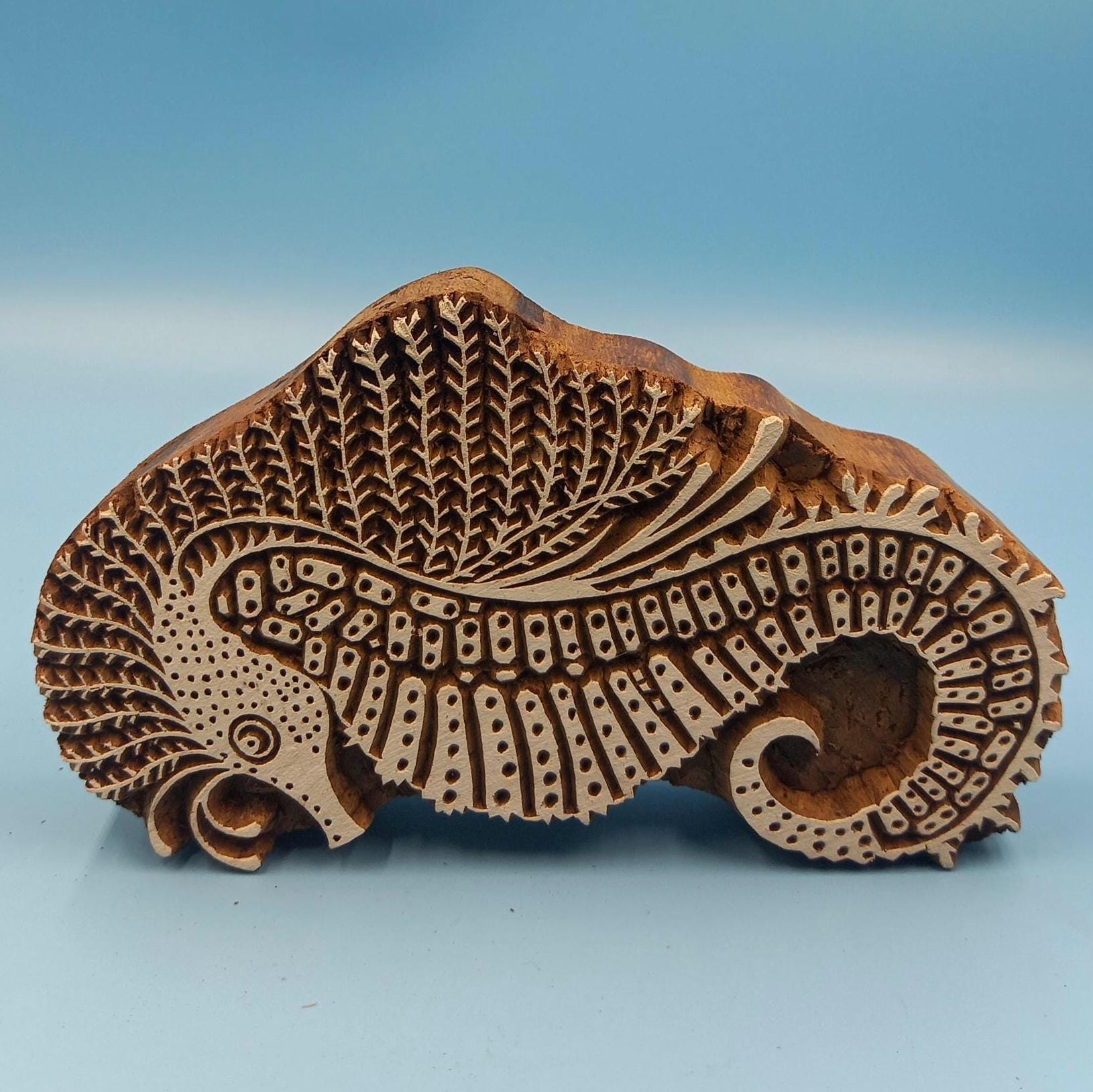 Detailed Seahorse Wooden Printing Block Pottery Stamp, Batik Tjaps, Blaudruck stempel