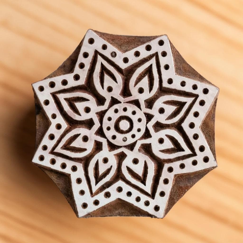 Floral Indian Wood Block Stamp, Pottery Textile Printing (3.5" x 3.5")