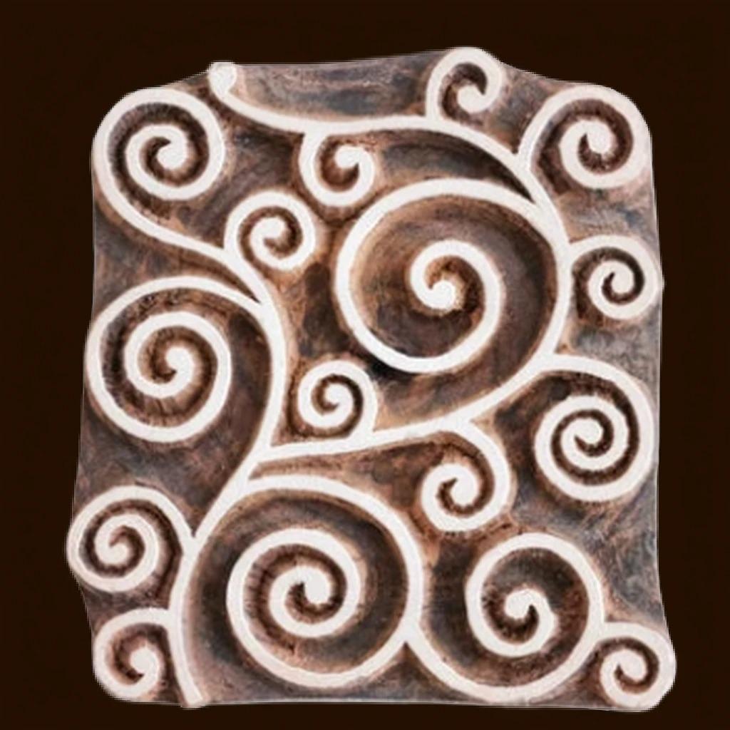 Indian Wood Stamp, Swirled Vine Print, Batik Block (3x3.5")