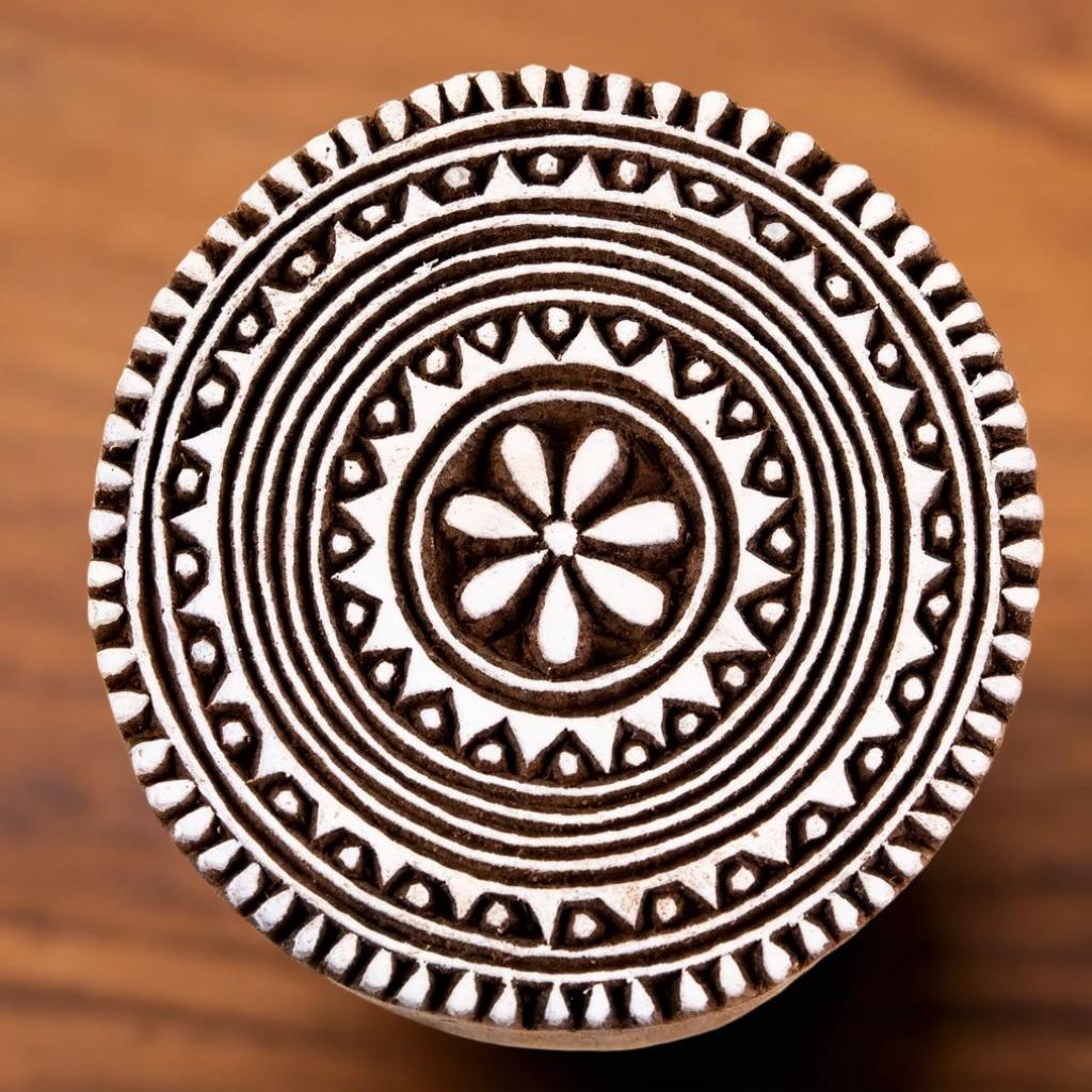 Floral Indian Wood Block Stamp, Pottery Textile Print (3 inch)