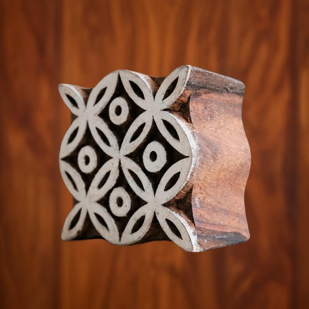 Hand Carved Indian Wood Stamp, Floral Block Print (3x3")